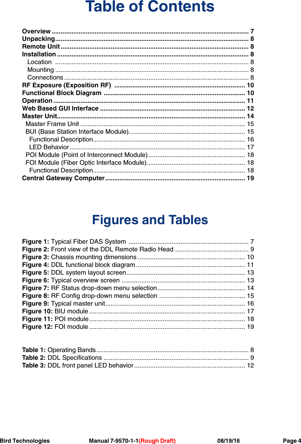 Bird Technologies                               Manual 7-9570-1-1(Rough Draft)                                 08/19/16                                  Page 4Table of ContentsOverview .............................................................................................................. 7Unpacking............................................................................................................ 8Remote Unit ......................................................................................................... 8Installation ........................................................................................................... 8   Location  ............................................................................................................ 8   Mounting ............................................................................................................ 8   Connections ....................................................................................................... 8RF Exposure (Exposition RF)  ......................................................................... 10Functional Block Diagram ............................................................................... 10Operation ........................................................................................................... 11Web Based GUI Interface ................................................................................. 12Master Unit......................................................................................................... 14  Master Frame Unit ............................................................................................ 15  BUI (Base Station Interface Module)................................................................. 15    Functional Description..................................................................................... 16    LED Behavior.................................................................................................. 17  POI Module (Point of Interconnect Module) ...................................................... 18  FOI Module (Fiber Optic Interface Module)....................................................... 18    Functional Description..................................................................................... 18Central Gateway Computer.............................................................................. 19Figures and TablesFigure 1: Typical Fiber DAS System ................................................................... 7Figure 2: Front view of the DDL Remote Radio Head ......................................... 9Figure 3: Chassis mounting dimensions ............................................................ 10Figure 4: DDL functional block diagram............................................................. 11Figure 5: DDL system layout screen.................................................................. 13Figure 6: Typical overview screen ..................................................................... 13Figure 7: RF Status drop-down menu selection................................................. 14Figure 8: RF Config drop-down menu selection ................................................ 15Figure 9: Typical master unit.............................................................................. 16Figure 10: BIU module ....................................................................................... 17Figure 11: POI module ....................................................................................... 18Figure 12: FOI module ....................................................................................... 19Table 1: Operating Bands..................................................................................... 8Table 2: DDL Specifications ................................................................................. 9Table 3: DDL front panel LED behavior.............................................................. 12