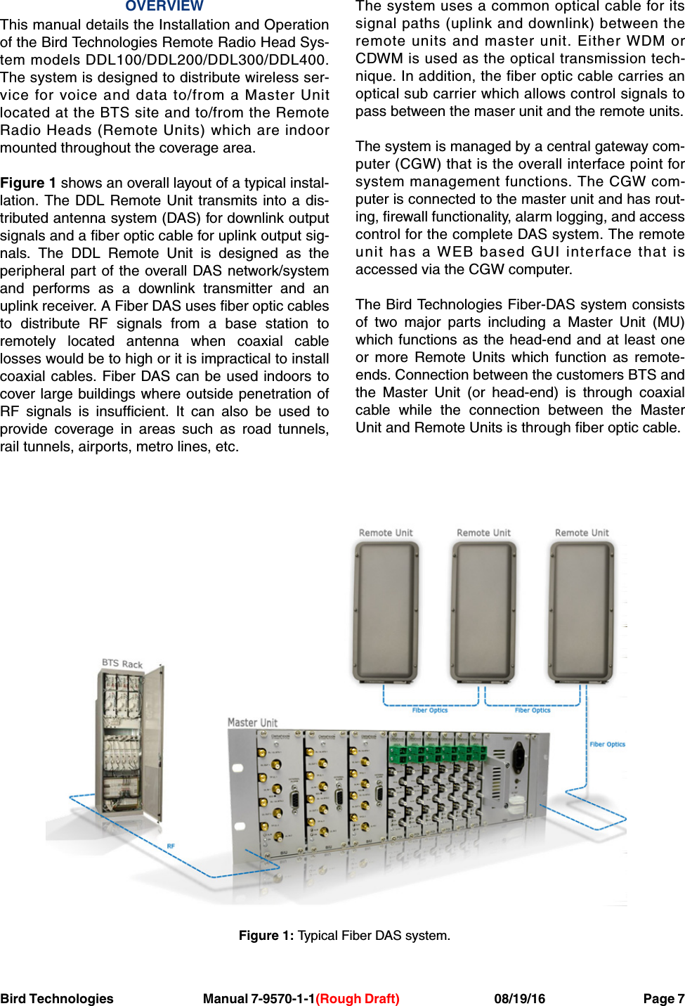 Bird Technologies                               Manual 7-9570-1-1(Rough Draft)                                 08/19/16                                  Page 7OVERVIEWThis manual details the Installation and Operationof the Bird Technologies Remote Radio Head Sys-tem models DDL100/DDL200/DDL300/DDL400.The system is designed to distribute wireless ser-vice for voice and data to/from a Master Unitlocated at the BTS site and to/from the RemoteRadio Heads (Remote Units) which are indoormounted throughout the coverage area. Figure 1 shows an overall layout of a typical instal-lation. The DDL Remote Unit transmits into a dis-tributed antenna system (DAS) for downlink outputsignals and a fiber optic cable for uplink output sig-nals. The DDL Remote Unit is designed as theperipheral part of the overall DAS network/systemand performs as a downlink transmitter and anuplink receiver. A Fiber DAS uses fiber optic cablesto distribute RF signals from a base station toremotely located antenna when coaxial cablelosses would be to high or it is impractical to installcoaxial cables. Fiber DAS can be used indoors tocover large buildings where outside penetration ofRF signals is insufficient. It can also be used toprovide coverage in areas such as road tunnels,rail tunnels, airports, metro lines, etc.The system uses a common optical cable for itssignal paths (uplink and downlink) between theremote units and master unit. Either WDM orCDWM is used as the optical transmission tech-nique. In addition, the fiber optic cable carries anoptical sub carrier which allows control signals topass between the maser unit and the remote units.The system is managed by a central gateway com-puter (CGW) that is the overall interface point forsystem management functions. The CGW com-puter is connected to the master unit and has rout-ing, firewall functionality, alarm logging, and accesscontrol for the complete DAS system. The remoteunit has a WEB based GUI interface that isaccessed via the CGW computer.The Bird Technologies Fiber-DAS system consistsof two major parts including a Master Unit (MU)which functions as the head-end and at least oneor more Remote Units which function as remote-ends. Connection between the customers BTS andthe Master Unit (or head-end) is through coaxialcable while the connection between the MasterUnit and Remote Units is through fiber optic cable.Figure 1: Typical Fiber DAS system.