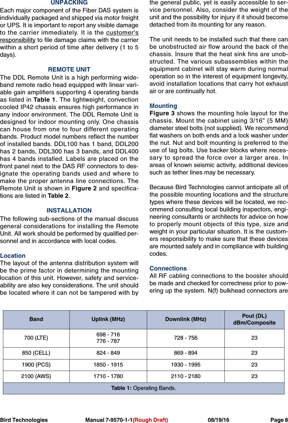 Bird Technologies                               Manual 7-9570-1-1(Rough Draft)                                 08/19/16                                  Page 8UNPACKINGEach major component of the Fiber DAS system isindividually packaged and shipped via motor freightor UPS. It is important to report any visible damageto the carrier immediately. It is the customer&apos;sresponsibility to file damage claims with the carrierwithin a short period of time after delivery (1 to 5days).REMOTE UNITThe DDL Remote Unit is a high performing wide-band remote radio head equipped with linear vari-able gain amplifiers supporting 4 operating bandsas listed in Table 1. The lightweight, convectioncooled IP42 chassis ensures high performance inany indoor environment. The DDL Remote Unit isdesigned for indoor mounting only. One chassiscan house from one to four different operatingbands. Product model numbers reflect the numberof installed bands. DDL100 has 1 band, DDL200has 2 bands, DDL300 has 3 bands, and DDL400has 4 bands installed. Labels are placed on thefront panel next to the DAS RF connectors to des-ignate the operating bands used and where tomake the proper antenna line connections. TheRemote Unit is shown in Figure 2 and specifica-tions are listed in Table 2.INSTALLATIONThe following sub-sections of the manual discussgeneral considerations for installing the RemoteUnit. All work should be performed by qualified per-sonnel and in accordance with local codes.LocationThe layout of the antenna distribution system willbe the prime factor in determining the mountinglocation of this unit. However, safety and service-ability are also key considerations. The unit shouldbe located where it can not be tampered with bythe general public, yet is easily accessible to ser-vice personnel. Also, consider the weight of theunit and the possibility for injury if it should becomedetached from its mounting for any reason.The unit needs to be installed such that there canbe unobstructed air flow around the back of thechassis. Insure that the heat sink fins are unob-structed. The various subassemblies within theequipment cabinet will stay warm during normaloperation so in the interest of equipment longevity,avoid installation locations that carry hot exhaustair or are continually hot.MountingFigure 3 shows the mounting hole layout for thechassis. Mount the cabinet using 3/16” (5 MM)diameter steel bolts (not supplied). We recommendflat washers on both ends and a lock washer underthe nut. Nut and bolt mounting is preferred to theuse of lag bolts. Use backer blocks where neces-sary to spread the force over a larger area. Inareas of known seismic activity, additional devicessuch as tether lines may be necessary.Because Bird Technologies cannot anticipate all ofthe possible mounting locations and the structuretypes where these devices will be located, we rec-ommend consulting local building inspectors, engi-neering consultants or architects for advice on howto properly mount objects of this type, size andweight in your particular situation. It is the custom-ers responsibility to make sure that these devicesare mounted safely and in compliance with buildingcodes.ConnectionsAll RF cabling connections to the booster shouldbe made and checked for correctness prior to pow-ering up the system. N(f) bulkhead connectors areBand Uplink (MHz) Downlink (MHz) Pout (DL)dBm/Composite700 (LTE) 698 - 716776 - 787 728 - 756 23850 (CELL) 824 - 849 869 - 894 231900 (PCS) 1850 - 1915 1930 - 1995 232100 (AWS) 1710 - 1780 2110 - 2180 23Table 1: Operating Bands.