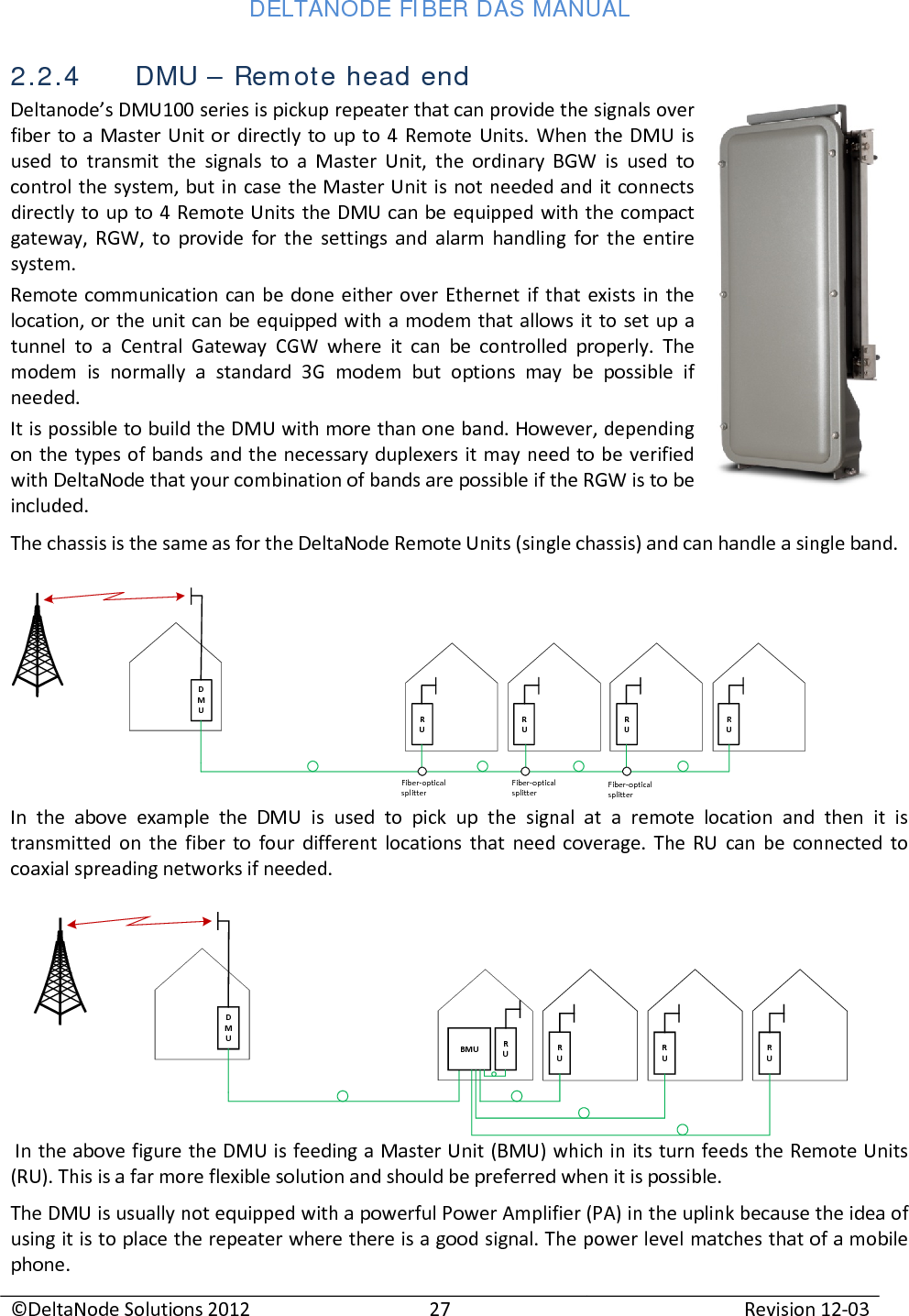 DELTANODE FIBER DAS MANUAL  ©DeltaNode Solutions 2012 27 Revision 12-03  2.2.4 DMU – Remote head end Deltanode’s DMU100 series is pickup repeater that can provide the signals over fiber to a Master Unit or directly to up to 4 Remote Units. When the DMU is used to transmit the signals to a Master Unit, the ordinary BGW is used to control the system, but in case the Master Unit is not needed and it connects directly to up to 4 Remote Units the DMU can be equipped with the compact gateway, RGW, to provide for the settings and alarm handling for the entire system. Remote communication can be done either over Ethernet if that exists in the location, or the unit can be equipped with a modem that allows it to set up a tunnel to a Central Gateway CGW where it can be controlled properly. The modem is normally a standard 3G modem but options may be possible if needed. It is possible to build the DMU with more than one band. However, depending on the types of bands and the necessary duplexers it may need to be verified with DeltaNode that your combination of bands are possible if the RGW is to be included. The chassis is the same as for the DeltaNode Remote Units (single chassis) and can handle a single band.  In the above example the DMU is used to pick up the signal at a remote location and then it is transmitted on the fiber to four different locations that need coverage. The RU can be connected to coaxial spreading networks if needed.  In the above figure the DMU is feeding a Master Unit (BMU) which in its turn feeds the Remote Units (RU). This is a far more flexible solution and should be preferred when it is possible.  The DMU is usually not equipped with a powerful Power Amplifier (PA) in the uplink because the idea of using it is to place the repeater where there is a good signal. The power level matches that of a mobile phone.   DMURURURURUFiber-optical splitterFiber-optical splitterFiber-optical splitterDMURURURUBMU RU