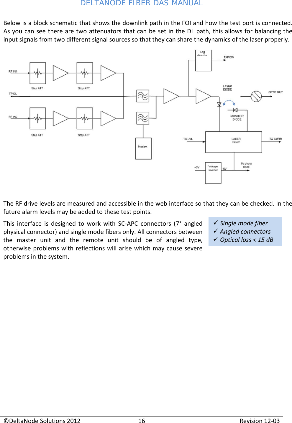 DELTANODE FIBER DAS MANUAL  ©DeltaNode Solutions 2012 16 Revision 12-03   Single mode fiber  Angled connectors  Optical loss &lt; 15 dB  Below is a block schematic that shows the downlink path in the FOI and how the test port is connected. As you can see there are two attenuators that can be set in the DL path, this allows for balancing the input signals from two different signal sources so that they can share the dynamics of the laser properly.  The RF drive levels are measured and accessible in the web interface so that they can be checked. In the future alarm levels may be added to these test points. This interface is designed to work with SC-APC connectors (7°  angled physical connector) and single mode fibers only. All connectors between the master unit and the remote unit should be of angled type, otherwise problems with reflections will arise which may cause severe problems in the system.   