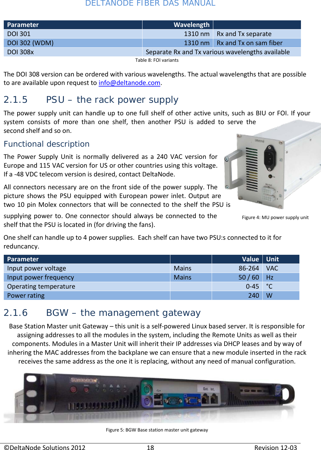 DELTANODE FIBER DAS MANUAL  ©DeltaNode Solutions 2012 18 Revision 12-03  Parameter Wavelength  DOI 301 1310 nm Rx and Tx separate DOI 302 (WDM) 1310 nm Rx and Tx on sam fiber DOI 308x Separate Rx and Tx various wavelengths available Table 8: FOI variants The DOI 308 version can be ordered with various wavelengths. The actual wavelengths that are possible to are available upon request to info@deltanode.com. 2.1.5 PSU – the rack power supply The power supply unit can handle up to one full shelf of other active units, such as BIU or FOI. If your system consists of more than one shelf, then another PSU is added to serve the second shelf and so on. Functional description The Power Supply Unit is normally delivered as a 240 VAC version for Europe and 115 VAC version for US or other countries using this voltage. If a -48 VDC telecom version is desired, contact DeltaNode. All connectors necessary are on the front side of the power supply. The picture shows the PSU equipped with European power inlet. Output are two 10 pin Molex connectors that will be connected to the shelf the PSU is supplying power to. One connector should always be connected to the shelf that the PSU is located in (for driving the fans). One shelf can handle up to 4 power supplies.  Each shelf can have two PSU:s connected to it for reduncancy. Parameter  Value Unit Input power voltage Mains 86-264 VAC Input power frequency Mains 50 / 60 Hz Operating temperature  0-45 °C Power rating  240 W 2.1.6 BGW – the management gateway Base Station Master unit Gateway – this unit is a self-powered Linux based server. It is responsible for assigning addresses to all the modules in the system, including the Remote Units as well as their components. Modules in a Master Unit will inherit their IP addresses via DHCP leases and by way of inhering the MAC addresses from the backplane we can ensure that a new module inserted in the rack receives the same address as the one it is replacing, without any need of manual configuration.  Figure 5: BGW Base station master unit gateway Figure 4: MU power supply unit 