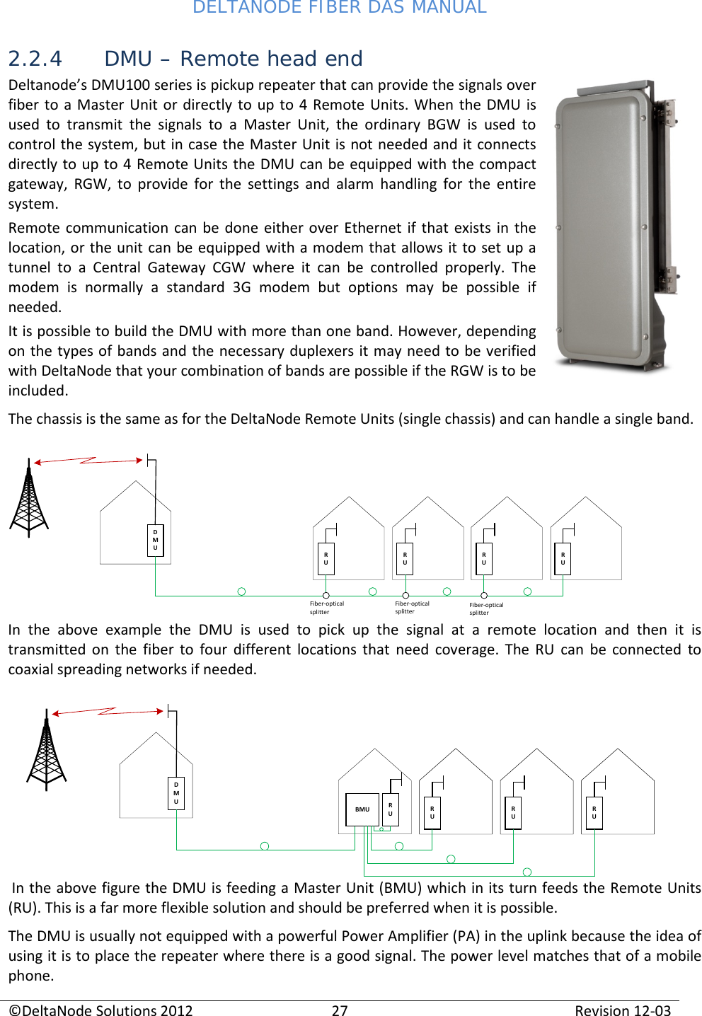 DELTANODE FIBER DAS MANUAL  ©DeltaNode Solutions 2012 27 Revision 12-03  2.2.4 DMU – Remote head end Deltanode’s DMU100 series is pickup repeater that can provide the signals over fiber to a Master Unit or directly to up to 4 Remote Units. When the DMU is used to transmit the signals to a Master Unit, the ordinary BGW is used to control the system, but in case the Master Unit is not needed and it connects directly to up to 4 Remote Units the DMU can be equipped with the compact gateway, RGW, to provide for the settings and alarm handling for the entire system. Remote communication can be done either over Ethernet if that exists in the location, or the unit can be equipped with a modem that allows it to set up a tunnel to a Central Gateway CGW where it can be controlled properly. The modem is normally a standard 3G modem but options may be possible if needed. It is possible to build the DMU with more than one band. However, depending on the types of bands and the necessary duplexers it may need to be verified with DeltaNode that your combination of bands are possible if the RGW is to be included. The chassis is the same as for the DeltaNode Remote Units (single chassis) and can handle a single band.  In the above example the DMU is used to pick up the signal at a remote location and then it is transmitted on the fiber to four different locations that need coverage. The RU can be connected to coaxial spreading networks if needed.  In the above figure the DMU is feeding a Master Unit (BMU) which in its turn feeds the Remote Units (RU). This is a far more flexible solution and should be preferred when it is possible.  The DMU is usually not equipped with a powerful Power Amplifier (PA) in the uplink because the idea of using it is to place the repeater where there is a good signal. The power level matches that of a mobile phone.   DMURURURURUFiber-optical splitterFiber-optical splitterFiber-optical splitterDMURURURUBMU RU