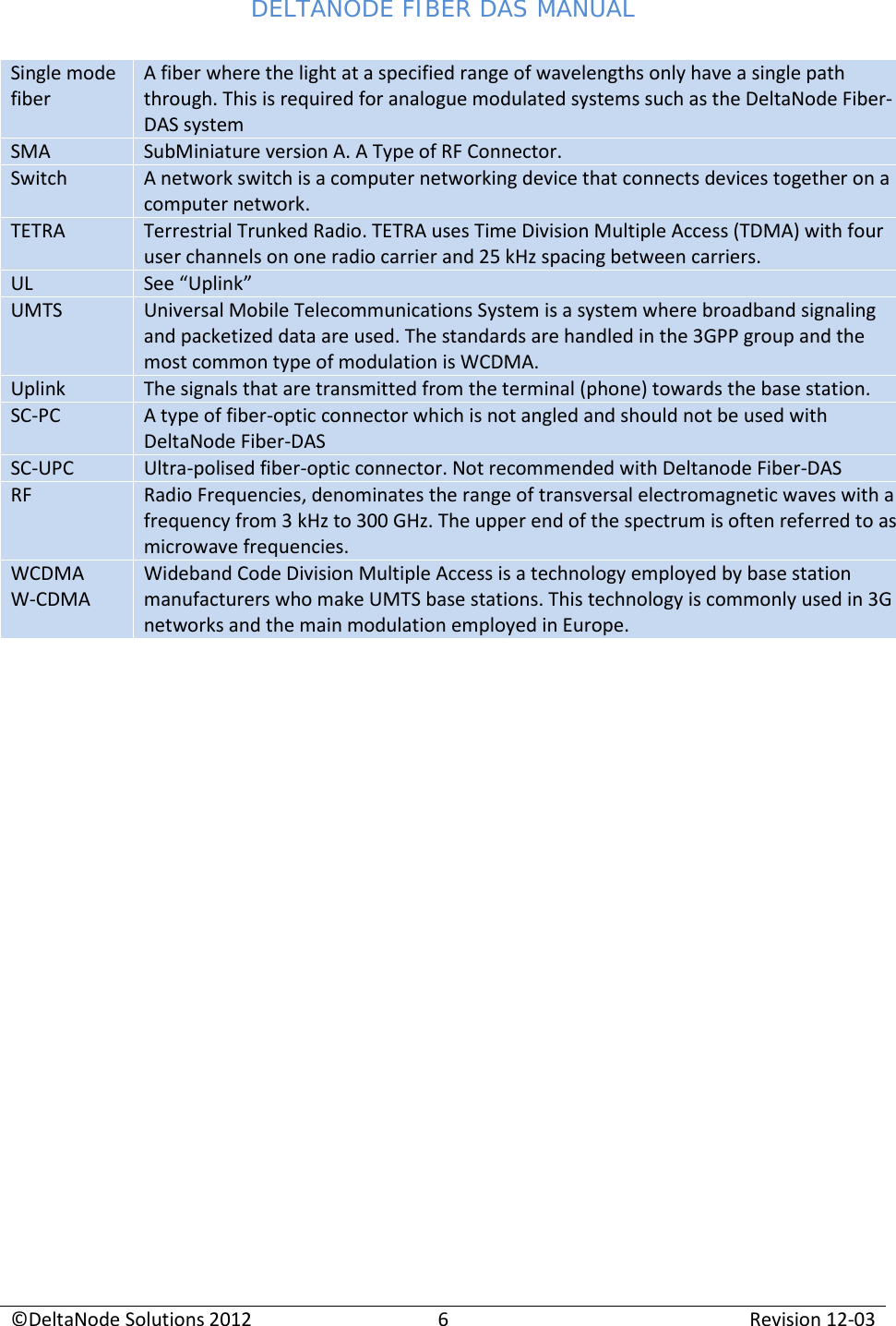 DELTANODE FIBER DAS MANUAL  ©DeltaNode Solutions 2012 6 Revision 12-03  Single mode fiber A fiber where the light at a specified range of wavelengths only have a single path through. This is required for analogue modulated systems such as the DeltaNode Fiber-DAS system SMA SubMiniature version A. A Type of RF Connector. Switch A network switch is a computer networking device that connects devices together on a computer network. TETRA Terrestrial Trunked Radio. TETRA uses Time Division Multiple Access (TDMA) with four user channels on one radio carrier and 25 kHz spacing between carriers. UL See “Uplink” UMTS Universal Mobile Telecommunications System is a system where broadband signaling and packetized data are used. The standards are handled in the 3GPP group and the most common type of modulation is WCDMA. Uplink  The signals that are transmitted from the terminal (phone) towards the base station. SC-PC A type of fiber-optic connector which is not angled and should not be used with DeltaNode Fiber-DAS SC-UPC Ultra-polised fiber-optic connector. Not recommended with Deltanode Fiber-DAS RF Radio Frequencies, denominates the range of transversal electromagnetic waves with a frequency from 3 kHz to 300 GHz. The upper end of the spectrum is often referred to as microwave frequencies. WCDMA W-CDMA Wideband Code Division Multiple Access is a technology employed by base station manufacturers who make UMTS base stations. This technology is commonly used in 3G networks and the main modulation employed in Europe.    