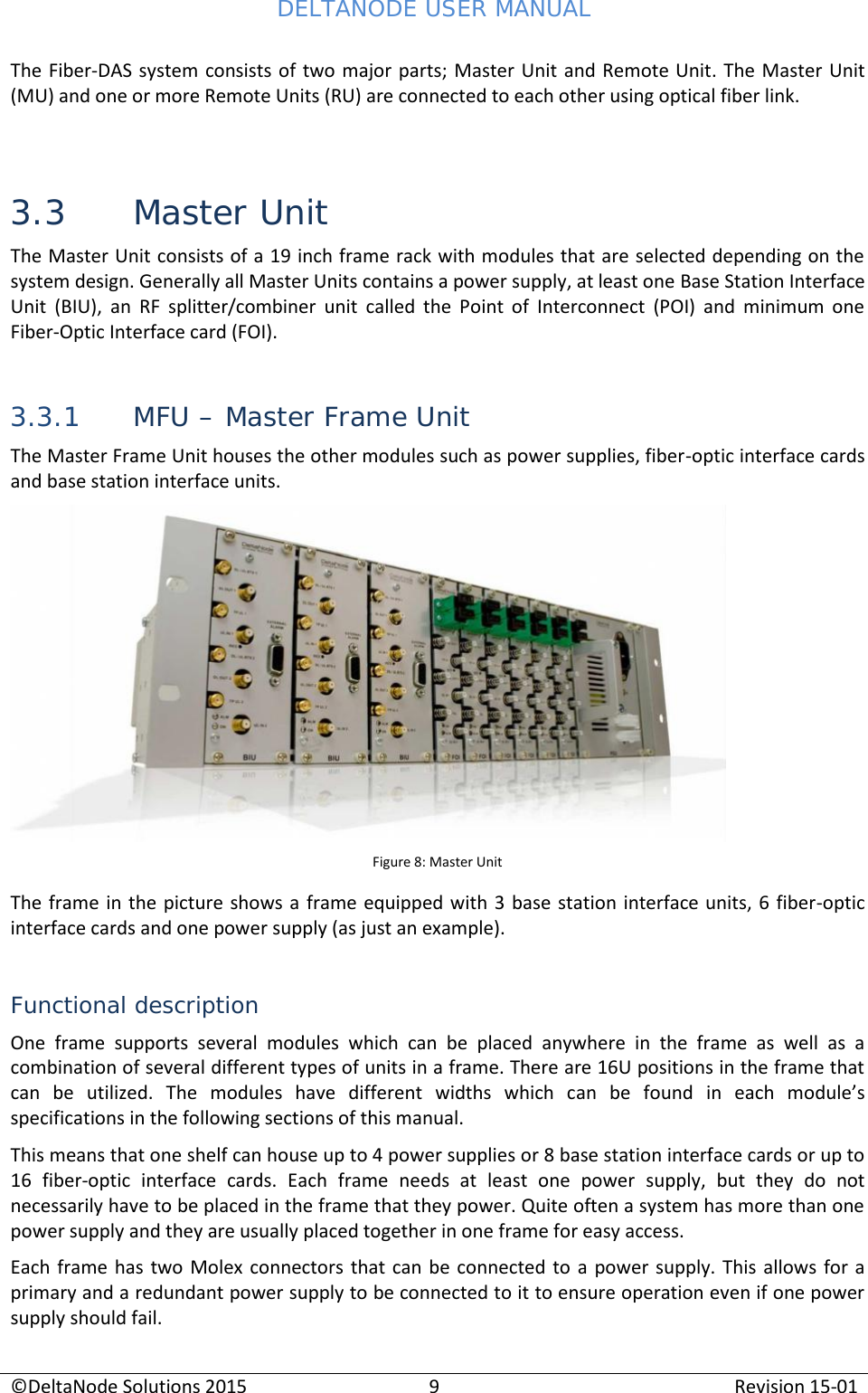 DELTANODE USER MANUAL©DeltaNode Solutions 20159Revision 15-01The Fiber-DAS system consists of two major parts; Master Unit and Remote Unit. The Master  Unit(MU) and one or more Remote Units (RU) are connected to each other using optical fiber link.3.3 Master UnitThe Master Unit consists of a 19 inch frame rack with modules that are selected depending on thesystem design. Generally all Master Units contains a power supply, at least one Base Station InterfaceUnit  (BIU),  an  RF  splitter/combiner  unit  called  the  Point  of  Interconnect  (POI)  and  minimum  oneFiber-Optic Interface card (FOI).3.3.1 MFU – Master Frame UnitThe Master Frame Unit houses the other modules such as power supplies, fiber-optic interface cardsand base station interface units.Figure 8: Master UnitThe frame  in the  picture shows a  frame equipped with  3 base  station interface units, 6 fiber-opticinterface cards and one power supply (as just an example).Functional descriptionOne  frame  supports  several  modules  which  can  be  placed  anywhere  in  the  frame  as  well  as  acombination of several different types of units in a frame. There are 16U positions in the frame thatcan  be  utilized.  The  modules  have  different  widths  which  can  be  found  in  each  module’sspecifications in the following sections of this manual.This means that one shelf can house up to 4 power supplies or 8 base station interface cards or up to16  fiber-optic  interface  cards.  Each  frame  needs  at  least  one  power supply,  but  they  do  notnecessarily have to be placed in the frame that they power. Quite often a system has more than onepower supply and they are usually placed together in one frame for easy access.Each frame  has  two Molex connectors  that can  be connected to  a  power supply.  This allows  for aprimary and a redundant power supply to be connected to it to ensure operation even if one powersupply should fail.