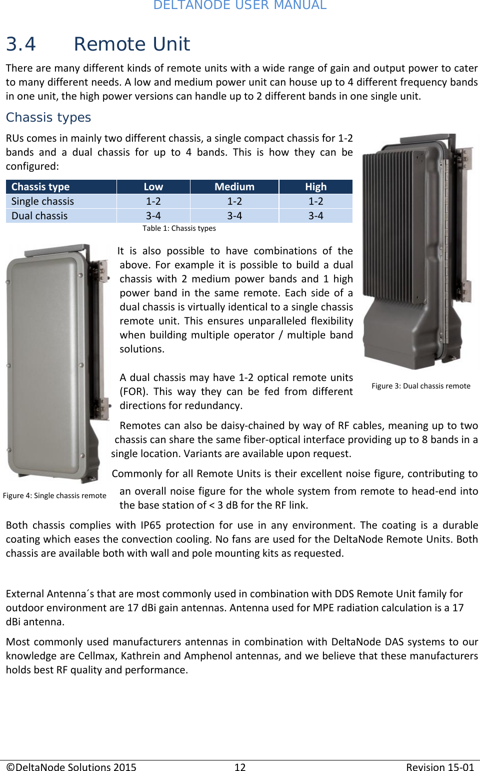 DELTANODE USER MANUAL©DeltaNode Solutions 201512Revision 15-013.4 Remote UnitThere are many different kinds of remote units with a wide range of gain and output power to caterto many different needs. A low and medium power unit can house up to 4 different frequency bandsin one unit, the high power versions can handle up to 2 different bands in one single unit.Chassis typesRUs comes in mainly two different chassis, a single compact chassis for 1-2bands  and  a  dual  chassis  for  up  to  4  bands.  This  is  how  they  can  beconfigured:Chassis typeLowMediumHighSingle chassis1-21-21-2Dual chassis3-43-43-4Table 1: Chassis typesIt  is  also  possible  to  have  combinations  of  theabove.  For  example  it  is  possible  to  build  a  dualchassis  with  2  medium  power  bands  and  1  highpower  band  in  the  same  remote.  Each  side  of  adual chassis is virtually identical to a single chassisremote  unit.  This  ensures  unparalleled  flexibilitywhen  building multiple  operator / multiple  bandsolutions.A dual chassis may have 1-2 optical remote units(FOR).  This  way  they  can  be  fed  from  differentdirections for redundancy.Remotes can also be daisy-chained by way of RF cables, meaning up to twochassis can share the same fiber-optical interface providing up to 8 bands in asingle location. Variants are available upon request.Commonly for all Remote Units is their excellent noise figure, contributing toan overall noise figure for the whole system from remote to head-end intothe base station of &lt; 3 dB for the RF link.Both  chassis  complies  with  IP65  protection  for  use  in  any  environment.  The  coating  is a  durablecoating which eases the convection cooling. No fans are used for the DeltaNode Remote Units. Bothchassis are available both with wall and pole mounting kits as requested.External Antenna´s that are most commonly used in combination with DDS Remote Unit family foroutdoor environment are 17 dBi gain antennas. Antenna used for MPE radiation calculation is a 17dBi antenna.Most commonly used manufacturers  antennas in combination with DeltaNode DAS  systems to ourknowledge are Cellmax, Kathrein and Amphenol antennas, and we believe that these manufacturersholds best RF quality and performance.Figure 4: Single chassis remoteFigure 3: Dual chassis remote