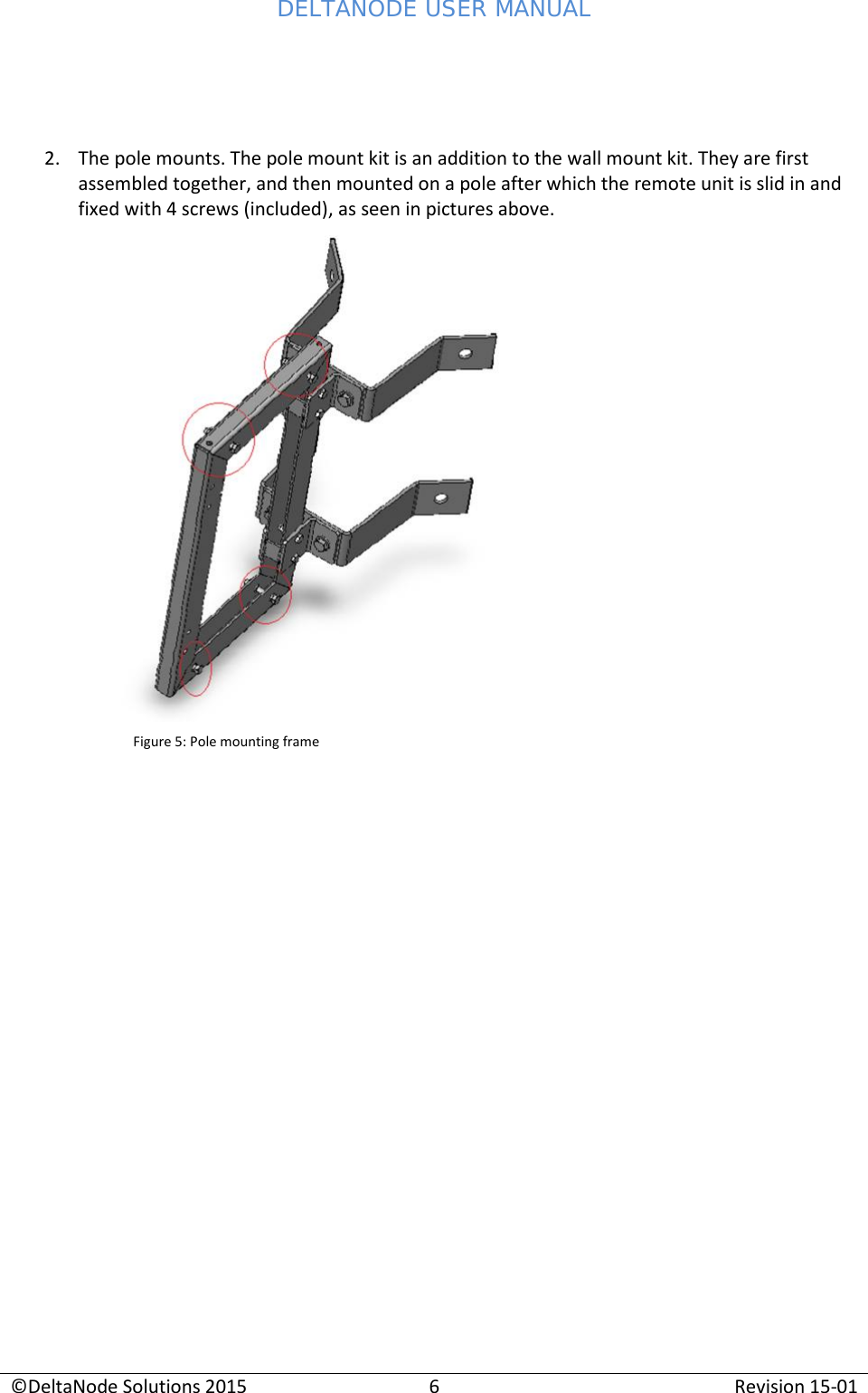 DELTANODE USER MANUAL©DeltaNode Solutions 20156Revision 15-012. The pole mounts. The pole mount kit is an addition to the wall mount kit. They are firstassembled together, and then mounted on a pole after which the remote unit is slid in andfixed with 4 screws (included), as seen in pictures above.Figure 5: Pole mounting frame