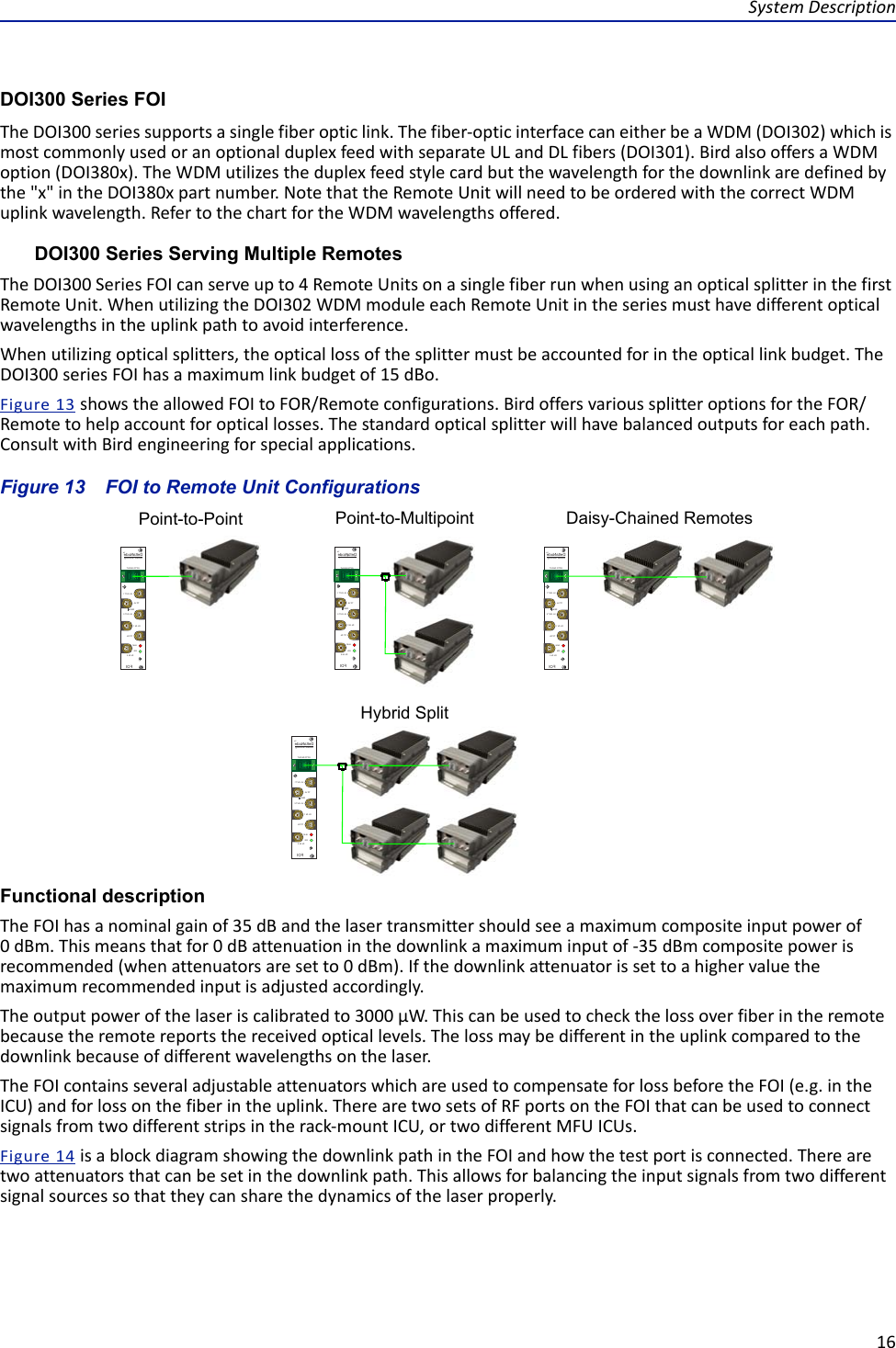 System Description16DOI300 Series FOIThe DOI300 series supports a single fiber optic link. The fiber-optic interface can either be a WDM (DOI302) which is most commonly used or an optional duplex feed with separate UL and DL fibers (DOI301). Bird also offers a WDM option (DOI380x). The WDM utilizes the duplex feed style card but the wavelength for the downlink are defined by the &quot;x&quot; in the DOI380x part number. Note that the Remote Unit will need to be ordered with the correct WDM uplink wavelength. Refer to the chart for the WDM wavelengths offered.DOI300 Series Serving Multiple RemotesThe DOI300 Series FOI can serve up to 4 Remote Units on a single fiber run when using an optical splitter in the first Remote Unit. When utilizing the DOI302 WDM module each Remote Unit in the series must have different optical wavelengths in the uplink path to avoid interference. When utilizing optical splitters, the optical loss of the splitter must be accounted for in the optical link budget. The DOI300 series FOI has a maximum link budget of 15 dBo. Figure  13 shows the allowed FOI to FOR/Remote configurations. Bird offers various splitter options for the FOR/Remote to help account for optical losses. The standard optical splitter will have balanced outputs for each path. Consult with Bird engineering for special applications.     Figure  13    FOI to Remote Unit ConfigurationsFunctional descriptionThe FOI has a nominal gain of 35 dB and the laser transmitter should see a maximum composite input power of 0 dBm. This means that for 0 dB attenuation in the downlink a maximum input of -35 dBm composite power is recommended (when attenuators are set to 0 dBm). If the downlink attenuator is set to a higher value the maximum recommended input is adjusted accordingly.The output power of the laser is calibrated to 3000 μW. This can be used to check the loss over fiber in the remote because the remote reports the received optical levels. The loss may be different in the uplink compared to the downlink because of different wavelengths on the laser.The FOI contains several adjustable attenuators which are used to compensate for loss before the FOI (e.g. in the ICU) and for loss on the fiber in the uplink. There are two sets of RF ports on the FOI that can be used to connect signals from two different strips in the rack-mount ICU, or two different MFU ICUs.Figure  14 is a block diagram showing the downlink path in the FOI and how the test port is connected. There are two attenuators that can be set in the downlink path. This allows for balancing the input signals from two different signal sources so that they can share the dynamics of the laser properly.DeltaNodeWireless TechnologyTMFOIALMONUL OUT 1OPTO IN/OUTTP DLRESTP UL DL IN 1DL IN 2UL OUT 2DeltaNodeWireless TechnologyTMFOIALMONUL OUT 1OPTO IN/OUTTP DLRESTP UL DL IN 1DL IN 2UL OUT 2Point-to-Point Daisy-Chained RemotesHybrid SplitDeltaNodeWireless TechnologyTMFOIALMONUL OUT 1OPTO IN/OUTTP DLRESTP UL DL IN 1DL IN 2UL OUT 2Point-to-MultipointDeltaNodeWireless TechnologyTMFOIALMONUL OUT 1OPTO IN/OUTTP DLRESTP UL DL IN 1DL IN 2UL OUT 2