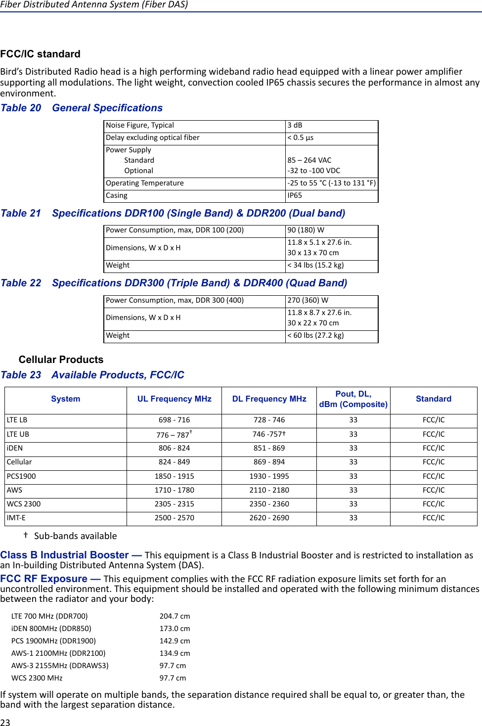 Fiber Distributed Antenna System (Fiber DAS)23FCC/IC standardBird’s Distributed Radio head is a high performing wideband radio head equipped with a linear power amplifier supporting all modulations. The light weight, convection cooled IP65 chassis secures the performance in almost any environment.Table 20    General SpecificationsTable 21    Specifications DDR100 (Single Band) &amp; DDR200 (Dual band)Table 22    Specifications DDR300 (Triple Band) &amp; DDR400 (Quad Band)Cellular ProductsTable 23    Available Products, FCC/ICClass B Industrial Booster — This equipment is a Class B Industrial Booster and is restricted to installation as an In-building Distributed Antenna System (DAS).FCC RF Exposure — This equipment complies with the FCC RF radiation exposure limits set forth for an uncontrolled environment. This equipment should be installed and operated with the following minimum distances between the radiator and your body:If system will operate on multiple bands, the separation distance required shall be equal to, or greater than, the band with the largest separation distance.Noise Figure, Typical 3 dBDelay excluding optical fiber &lt; 0.5 μsPower SupplyStandardOptional85 – 264 VAC -32 to -100 VDCOperating Temperature -25 to 55 °C (-13 to 131 °F)Casing IP65Power Consumption, max, DDR 100 (200) 90 (180) WDimensions, W x D x H 11.8 x 5.1 x 27.6 in.30 x 13 x 70 cmWeight &lt; 34 lbs (15.2 kg)Power Consumption, max, DDR 300 (400) 270 (360) WDimensions, W x D x H 11.8 x 8.7 x 27.6 in.30 x 22 x 70 cmWeight &lt; 60 lbs (27.2 kg)System UL Frequency MHz DL Frequency MHz Pout, DL,dBm (Composite) StandardLTE LB 698 - 716 728 - 746 33 FCC/ICLTE UB 776 – 787†† Sub-bands available746 -757† 33 FCC/ICiDEN 806 - 824 851 - 869 33 FCC/ICCellular 824 - 849 869 - 894 33 FCC/ICPCS1900 1850 - 1915 1930 - 1995 33 FCC/ICAWS 1710 - 1780 2110 - 2180 33 FCC/ICWCS 2300 2305 - 2315 2350 - 2360 33 FCC/ICIMT-E 2500 - 2570 2620 - 2690 33 FCC/ICLTE 700 MHz (DDR700) 204.7 cmiDEN 800MHz (DDR850) 173.0 cmPCS 1900MHz (DDR1900) 142.9 cmAWS-1 2100MHz (DDR2100) 134.9 cmAWS-3 2155MHz (DDRAWS3) 97.7 cmWCS 2300 MHz 97.7 cm