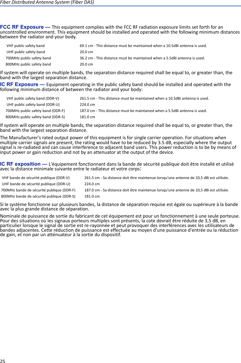 Fiber Distributed Antenna System (Fiber DAS)25FCC RF Exposure — This equipment complies with the FCC RF radiation exposure limits set forth for an uncontrolled environment. This equipment should be installed and operated with the following minimum distances between the radiator and your body.If system will operate on multiple bands, the separation distance required shall be equal to, or greater than, the band with the largest separation distance.IC RF Exposure — Equipment operating in the public safety band should be installed and operated with the following minimum distance of between the radiator and your body:If system will operate on multiple bands, the separation distance required shall be equal to, or greater than, the band with the largest separation distance.The Manufacturer&apos;s rated output power of this equipment is for single carrier operation. For situations when multiple carrier signals are present, the rating would have to be reduced by 3.5 dB, especially where the output signal is re-radiated and can cause interference to adjacent band users. This power reduction is to be by means of input power or gain reduction and not by an attenuator at the output of the device. IC RF exposition — L&apos;équipement fonctionnant dans la bande de sécurité publique doit être installé et utilisé avec la distance minimale suivante entre le radiateur et votre corps:Si le système fonctionne sur plusieurs bandes, la distance de séparation requise est égale ou supérieure à la bande avec la plus grande distance de séparation.Nominale de puissance de sortie du fabricant de cet équipement est pour un fonctionnement à une seule porteuse. Pour des situations où les signaux porteurs multiples sont présents, la cote devrait être réduite de 3,5 dB, en particulier lorsque le signal de sortie est re-rayonnée et peut provoquer des interférences avec les utilisateurs de bandes adjacentes. Cette réduction de puissance est effectuée au moyen d&apos;une puissance d&apos;entrée ou la réduction de gain, et non par un atténuateur à la sortie du dispositif. VHF public safety band  69.1 cm - This distance must be maintained when a 10.5dBi antenna is used. UHF public safety band  20.0 cm700MHz public safety band  36.2 cm - This distance must be maintained when a 5.5dBi antenna is used.800MHz public safety band  20.0 cm VHF public safety band (DDR-V) 261.5 cm - This distance must be maintained when a 10.5dBi antenna is used. UHF public safety band (DDR-U) 224.0 cm700MHz public safety band (DDR-F) 187.0 cm - This distance must be maintained when a 5.5dBi antenna is used.800MHz public safety band (DDR-S) 181.0 cm VHF bande de sécurité publique (DDR-V) 261.5 cm - Sa distance doit être maintenue lorsqu&apos;une antenne de 10,5 dBi est utilisée. UHF bande de sécurité publique (DDR-U) 224.0 cm700MHz bande de sécurité publique (DDR-F) 187.0 cm - Sa distance doit être maintenue lorsqu&apos;une antenne de 10,5 dBi est utilisée.800MHz bande de sécurité publique (DDR-S) 181.0 cm