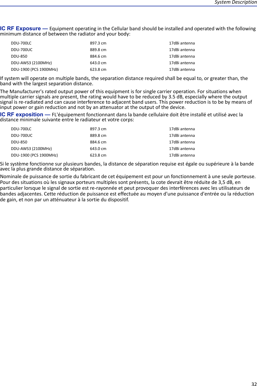 System Description32IC RF Exposure — Equipment operating in the Cellular band should be installed and operated with the following minimum distance of between the radiator and your body:If system will operate on multiple bands, the separation distance required shall be equal to, or greater than, the band with the largest separation distance.The Manufacturer&apos;s rated output power of this equipment is for single carrier operation. For situations when multiple carrier signals are present, the rating would have to be reduced by 3.5 dB, especially where the output signal is re-radiated and can cause interference to adjacent band users. This power reduction is to be by means of input power or gain reduction and not by an attenuator at the output of the device.IC RF exposition — FL&apos;équipement fonctionnant dans la bande cellulaire doit être installé et utilisé avec la distance minimale suivante entre le radiateur et votre corps:Si le système fonctionne sur plusieurs bandes, la distance de séparation requise est égale ou supérieure à la bande avec la plus grande distance de séparation.Nominale de puissance de sortie du fabricant de cet équipement est pour un fonctionnement à une seule porteuse. Pour des situations où les signaux porteurs multiples sont présents, la cote devrait être réduite de 3,5 dB, en particulier lorsque le signal de sortie est re-rayonnée et peut provoquer des interférences avec les utilisateurs de bandes adjacentes. Cette réduction de puissance est effectuée au moyen d&apos;une puissance d&apos;entrée ou la réduction de gain, et non par un atténuateur à la sortie du dispositif.DDU-700LC 897.3 cm 17dBi antennaDDU-700UC 889.8 cm 17dBi antennaDDU-850 884.6 cm 17dBi antennaDDU-AWS3 (2100MHz) 643.0 cm 17dBi antennaDDU-1900 (PCS 1900MHz) 623.8 cm 17dBi antennaDDU-700LC 897.3 cm 17dBi antennaDDU-700UC 889.8 cm 17dBi antennaDDU-850 884.6 cm 17dBi antennaDDU-AWS3 (2100MHz) 643.0 cm 17dBi antennaDDU-1900 (PCS 1900MHz) 623.8 cm 17dBi antenna