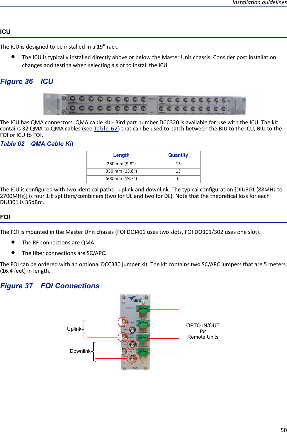 Installation guidelines50ICUThe ICU is designed to be installed in a 19&quot; rack. The ICU is typically installed directly above or below the Master Unit chassis. Consider post installation changes and testing when selecting a slot to install the ICU. Figure  36    ICUThe ICU has QMA connectors. QMA cable kit - Bird part number DCC320 is available for use with the ICU. The kit contains 32 QMA to QMA cables (see Table 62) that can be used to patch between the BIU to the ICU, BIU to the FOI or ICU to FOI.Table 62    QMA Cable KitThe ICU is configured with two identical paths - uplink and downlink. The typical configuration [DIU301 (88MHz to 2700MHz)] is four 1:8 splitters/combiners (two for UL and two for DL). Note that the theoretical loss for each DIU301 is 35dBm.FOIThe FOI is mounted in the Master Unit chassis (FOI DOI401 uses two slots, FOI DO301/302 uses one slot).The RF connections are QMA. The fiber connections are SC/APC.The FOI can be ordered with an optional DCC330 jumper kit. The kit contains two SC/APC jumpers that are 5 meters (16.4 feet) in length.Figure  37    FOI ConnectionsLength Quantity250 mm (9.8”) 13350 mm (13.8”) 13500 mm (19.7”) 6OPTO IN/OUTforRemote UnitsUplinkDownlink