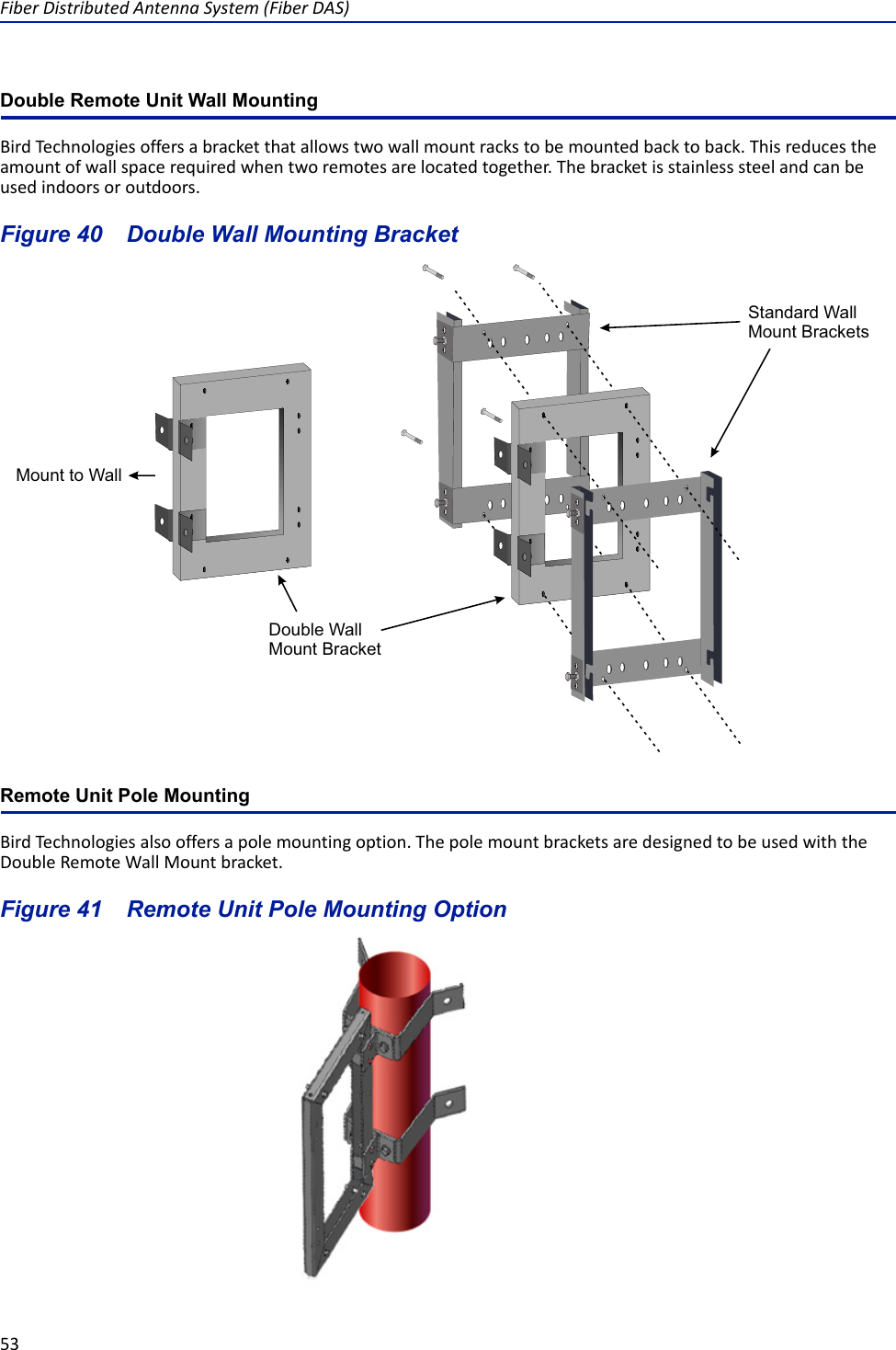 Fiber Distributed Antenna System (Fiber DAS)53Double Remote Unit Wall MountingBird Technologies offers a bracket that allows two wall mount racks to be mounted back to back. This reduces the amount of wall space required when two remotes are located together. The bracket is stainless steel and can be used indoors or outdoors.Figure  40    Double Wall Mounting BracketRemote Unit Pole MountingBird Technologies also offers a pole mounting option. The pole mount brackets are designed to be used with the Double Remote Wall Mount bracket. Figure  41    Remote Unit Pole Mounting OptionDouble Wall Mount BracketMount to Wall Standard Wall Mount Brackets