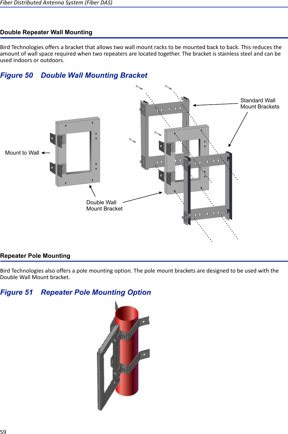 Fiber Distributed Antenna System (Fiber DAS)59Double Repeater Wall MountingBird Technologies offers a bracket that allows two wall mount racks to be mounted back to back. This reduces the amount of wall space required when two repeaters are located together. The bracket is stainless steel and can be used indoors or outdoors.Figure  50    Double Wall Mounting BracketRepeater Pole MountingBird Technologies also offers a pole mounting option. The pole mount brackets are designed to be used with the Double Wall Mount bracket. Figure  51    Repeater Pole Mounting OptionDouble Wall Mount BracketMount to Wall Standard Wall Mount Brackets