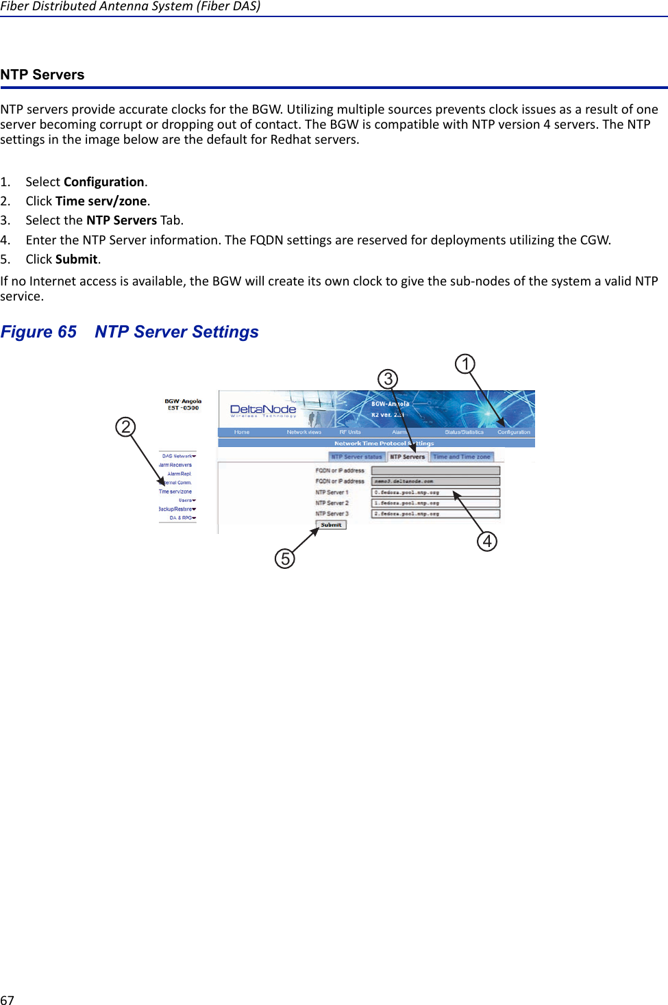 Fiber Distributed Antenna System (Fiber DAS)67NTP ServersNTP servers provide accurate clocks for the BGW. Utilizing multiple sources prevents clock issues as a result of one server becoming corrupt or dropping out of contact. The BGW is compatible with NTP version 4 servers. The NTP settings in the image below are the default for Redhat servers. 1. Select Configuration.2. Click Time serv/zone.3. Select the NTP Servers Tab.4. Enter the NTP Server information. The FQDN settings are reserved for deployments utilizing the CGW.5. Click Submit.If no Internet access is available, the BGW will create its own clock to give the sub-nodes of the system a valid NTP service. Figure  65    NTP Server Settings15432