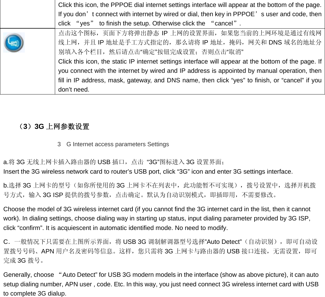 Click this icon, the PPPOE dial internet settings interface will appear at the bottom of the page. If you don’t connect with internet by wired or dial, then key in PPPOE’s user and code, then click  “yes”  to finish the setup. Otherwise click the  “cancel”.  点击这个图标，页面下方将弹出静态 IP 上网的设置界面，如果您当前的上网环境是通过有线网线上网，并且 IP 地址是手工方式指定的，那么请将 IP 地址，掩码，网关和 DNS 域名的地址分别填入各个栏目，然后请点击“确定”按钮完成设置；否则点击“取消” Click this icon, the static IP internet settings interface will appear at the bottom of the page. If you connect with the internet by wired and IP address is appointed by manual operation, then fill in IP address, mask, gateway, and DNS name, then click “yes” to finish, or “cancel” if you don’t need.   （3）3G 上网参数设置 3  G Internet access parameters Settings a.将3G 无线上网卡插入路由器的 USB 插口，点击 “3G”图标进入 3G 设置界面； Insert the 3G wireless network card to router’s USB port, click “3G” icon and enter 3G settings interface. b.选择 3G 上网卡的型号（如你所使用的 3G 上网卡不在列表中，此功能暂不可实现），拨号设置中，选择开机拨号方式，输入 3G ISP 提供的拨号参数，点击确定。默认为自动识别模式，即插即用，不需要修改。 Choose the model of 3G wireless internet card (if you cannot find the 3G internet card in the list, then it cannot work). In dialing settings, choose dialing way in starting up status, input dialing parameter provided by 3G ISP, click “confirm”. It is acquiescent in automatic identified mode. No need to modify. C．一般情况下只需要在上图所示界面，将 USB 3G 调制解调器型号选择”Auto Detect”（自动识别），即可自动设置拨号号码、APN 用户名及密码等信息。这样，您只需将 3G 上网卡与路由器的 USB 接口连接，无需设置，即可完成 3G 拨号。 Generally, choose “Auto Detect” for USB 3G modern models in the interface (show as above picture), it can auto setup dialing number, APN user , code. Etc. In this way, you just need connect 3G wireless internet card with USB to complete 3G dialup. 