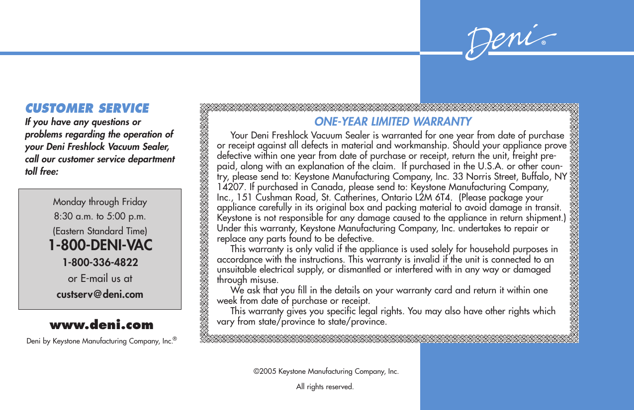 Page 8 of 8 - Deni Deni-Freshlock-Vacuum-Sealer-1331-Users-Manual-  Deni-freshlock-vacuum-sealer-1331-users-manual