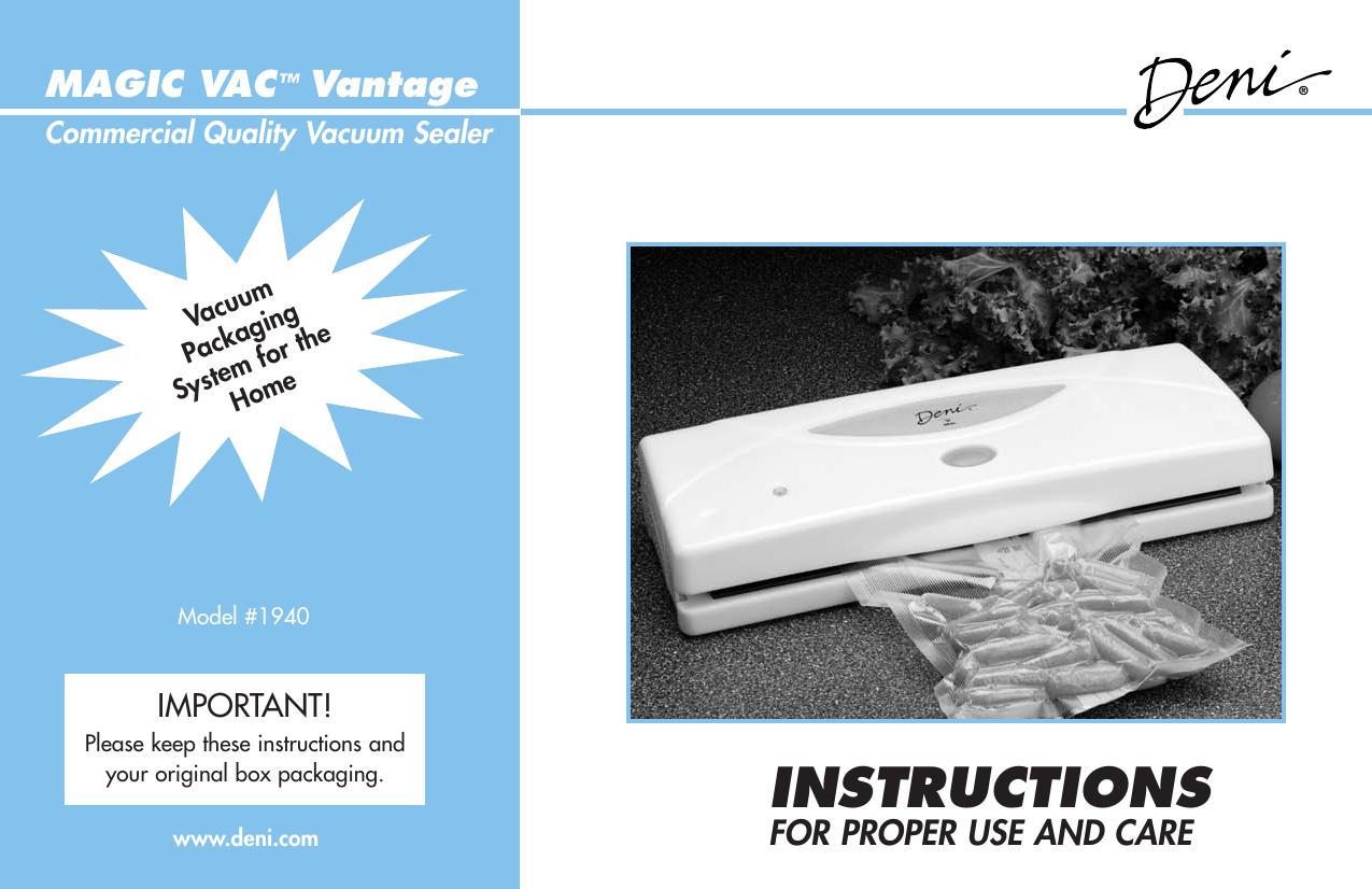 Deni Magic Vac Vantage Commercial Quality Vacuum Sealer 1940 Users Manual