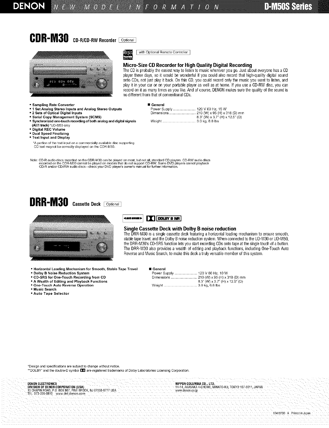 Page 2 of 2 - Denon DRR-M30 User Manual  CASSETTE DECK - Manuals And Guides L0211186