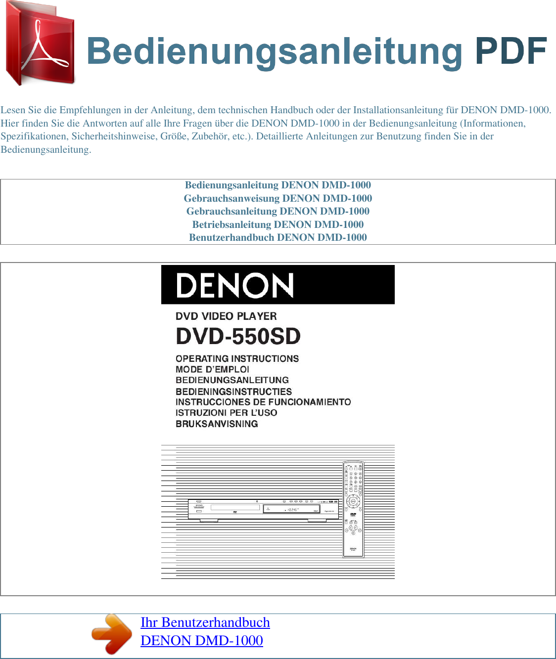 Denon Dvd Player Dmd 1000 Users Manual Bedienungsanleitung