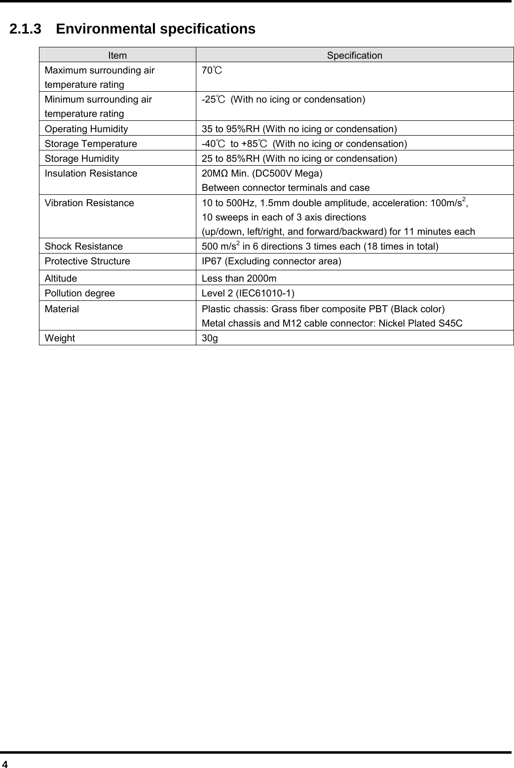  4 2.1.3  Environmental specifications Item  Specification Maximum surrounding air   temperature rating 70℃ Minimum surrounding air   temperature rating -25℃  (With no icing or condensation) Operating Humidity  35 to 95%RH (With no icing or condensation) Storage Temperature  -40℃ to +85℃  (With no icing or condensation) Storage Humidity  25 to 85%RH (With no icing or condensation) Insulation Resistance  20M Min. (DC500V Mega) Between connector terminals and case Vibration Resistance  10 to 500Hz, 1.5mm double amplitude, acceleration: 100m/s2, 10 sweeps in each of 3 axis directions (up/down, left/right, and forward/backward) for 11 minutes each Shock Resistance  500 m/s2 in 6 directions 3 times each (18 times in total) Protective Structure  IP67 (Excluding connector area) Altitude Less than 2000m Pollution degree  Level 2 (IEC61010-1) Material  Plastic chassis: Grass fiber composite PBT (Black color) Metal chassis and M12 cable connector: Nickel Plated S45C Weight 30g  