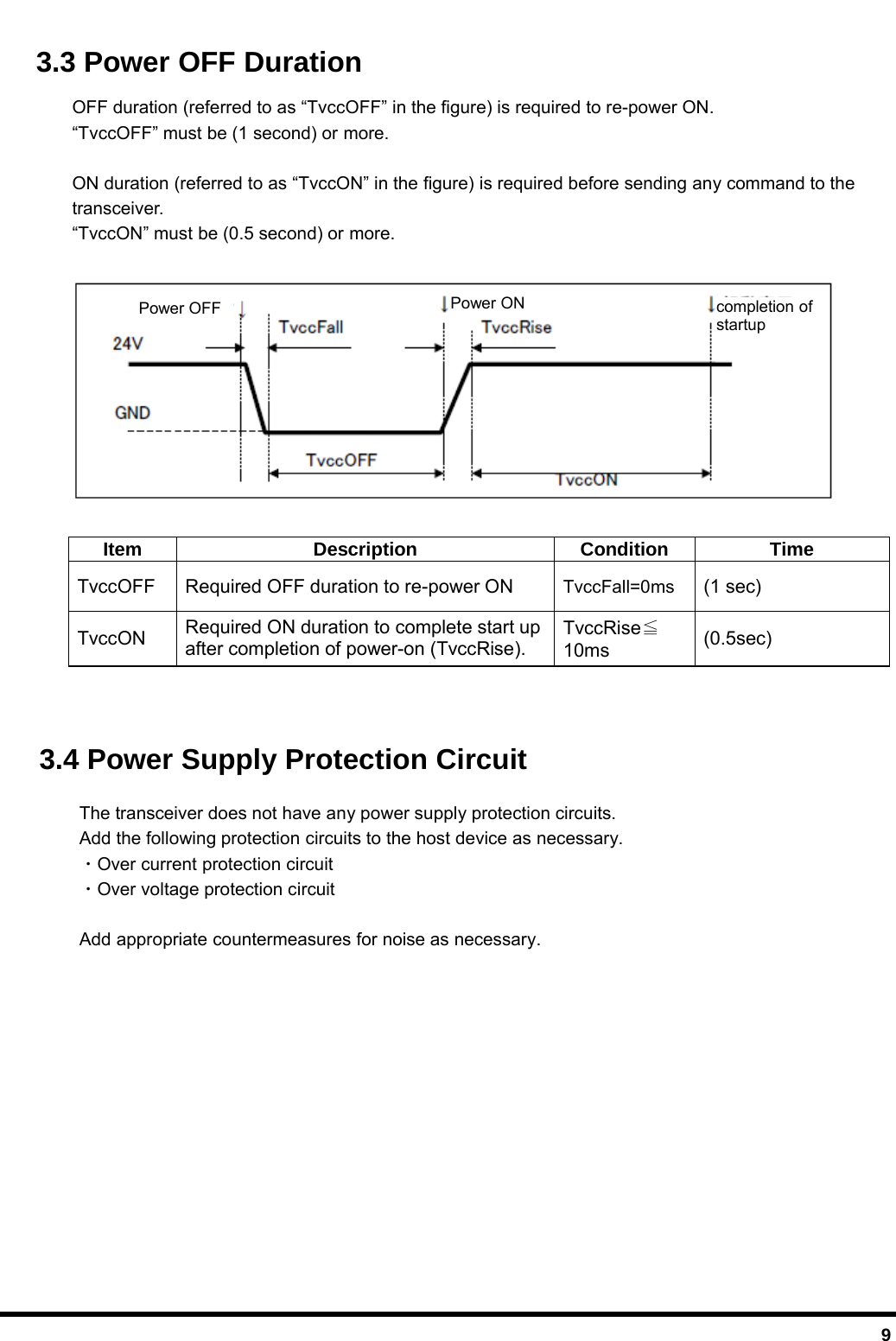  9 3.3 Power OFF Duration OFF duration (referred to as “TvccOFF” in the figure) is required to re-power ON. “TvccOFF” must be (1 second) or more.  ON duration (referred to as “TvccON” in the figure) is required before sending any command to the   transceiver. “TvccON” must be (0.5 second) or more.    Item Description Condition Time TvccOFF  Required OFF duration to re-power ON  TvccFall=0ms (1 sec) TvccON  Required ON duration to complete start up after completion of power-on (TvccRise). TvccRise≦10ms  (0.5sec)   3.4 Power Supply Protection Circuit   The transceiver does not have any power supply protection circuits. Add the following protection circuits to the host device as necessary.  ・Over current protection circuit  ・Over voltage protection circuit  Add appropriate countermeasures for noise as necessary.  Power ON Power OFF  completion of startup 