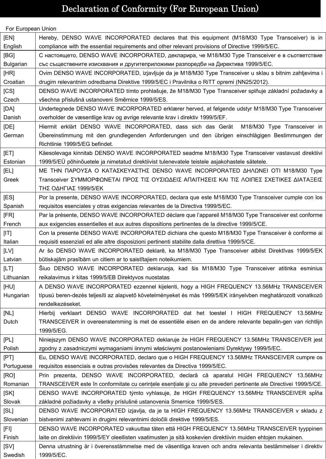    For European Union [EN] English Hereby, DENSO WAVE INCORPORATED declares that this equipment (M18/M30 Type Transceiver) is in compliance with the essential requirements and other relevant provisions of Directive 1999/5/EC. [BG] Bulgarian  , DENSO WAVE INCORPORATED, ,  M18/M30 Type Transceiver            1999/5/EC. [HR] Croatian Ovim DENSO WAVE INCORPORATED, izjavljuje da je M18/M30 Type Transceiver u sklau s bitnim zahtjevima i drugim relevantnim odredbama Direktive 1999/5/EC i Pravilnika o RiTT opremi (NN25/2012). [CS] Czech DENSO WAVE INCORPORATED tímto prohlašuje, že M18/M30 Type Transceiver spluje základní požadavky a všechna píslušná ustanoveni Smrnice 1999/5/ES. [DA] Danish Undertegnede DENSO WAVE INCORPORATED erklærer herved, at følgende udstyr M18/M30 Type Transceiver   overholder de væsentlige krav og øvrige relevante krav i direktiv 1999/5/EF. [DE] German Hiermit erklärt DENSO WAVE INCORPORATED, dass sich das Gerät  M18/M30 Type Transceiver in Übereinstimmung mit den grundlegenden Anforderungen und den übrigen einschlägigen Bestimmungen der Richtlinie 1999/5/EG befindet. [ET] Estonian Käesolevaga kinnitab DENSO WAVE INCORPORATED seadme M18/M30 Type Transceiver vastavust direktiivi 1999/5/EÜ põhinõuetele ja nimetatud direktiivist tulenevatele teistele asjakohastele sätetele. [EL] Greek      DENSO WAVE INCORPORATED   M18/M30 Type Transceiver             1999/5/ [ES] Spanish Por la presente, DENSO WAVE INCORPORATED, declara que este M18/M30 Type Transceiver cumple con los requisitos esenciales y otras exigencias relevantes de la Directiva 1999/5/EC. [FR] French Par la présente, DENSO WAVE INCORPORATED déclare que l’appareil M18/M30 Type Transceiver est conforme aux exigencies essentielles et aux autres dispositions pertinentes de la directive 1999/5/CE. [IT] Italian Con la presente DENSO WAVE INCORPORATED dichiara che questo M18/M30 Type Transceiver è conforme ai requisiti essenziali ed alle altre disposizioni pertinenti stabilite dalla direttiva 1999/5/CE. [LV] Latvian Ar šo DENSO WAVE INCORPORATED deklar, ka M18/M30 Type Transceiver atbilst Direktvas 1999/5/EK btiskajm prasbm un citiem ar to saisttajiem noteikumiem. [LT] Lithuanian Šiuo DENSO WAVE INCORPORATED deklaruoja, kad šis M18/M30 Type Transceiver atitinka esminius reikalavimus ir kitas 1999/5/EB Direktyvos nuostatas [HU] Hungarian A DENSO WAVE INCORPORATED ezzennel kijelenti, hogy a HIGH FREQUENCY 13.56MHz TRANSCEIVER típusú beren-dezés teljesíti az alapvet követelményeket és más 1999/5/EK irányelvben meghatározott vonatkozó rendelkezéseket. [NL] Dutch Hierbij verklaart DENSO WAVE INCORPORATED dat het toestel l HIGH FREQUENCY 13.56MHz TRANSCEIVER in overeenstemming is met de essentiële eisen en de andere relevante bepalin-gen van richtlijn 1999/5/EG. [PL] Polish Niniejszym DENSO WAVE INCORPORATED deklaruje e HIGH FREQUENCY 13.56MHz TRANSCEIVER jest zgodny z zasadniczymi wymaganiami iinnymi waciwymi postanowieniami Dyrektywy 1999/5/EC. [PT] Portuguese Eu, DENSO WAVE INCORPORATED, declaro que o HIGH FREQUENCY 13.56MHz TRANSCEIVER cumpre os requisitos essenciais e outras provisões relevantes da Directiva 1999/5/EC. [RO] Romanian Prin prezenta, DENSO WAVE INCORPORATED, declar c aparatul HIGH FREQUENCY 13.56MHz TRANSCEIVER este în conformitate cu cerinele eseniale i cu alte prevederi pertinente ale Directivei 1999/5/CE. [SK] Slovak DENSO WAVE INCORPORATED týmto vyhlasuje, že HIGH FREQUENCY 13.56MHz TRANSCEIVER spa základné požiadavky a všetky príslušné ustanovenia Smernice 1999/5/ES. [SL] Slovenian DENSO WAVE INCORPORATED izjavlja, da je ta HIGH FREQUENCY 13.56MHz TRANSCEIVER v skladu z bistvenimi zahtevami in drugimi relevantnimi doloili direktive 1999/5/ES. [FI] Finish DENSO WAVE INCORPORATED vakuuttaa täten että HIGH FREQUENCY 13.56MHz TRANSCEIVER tyyppinen laite on direktiivin 1999/5/EY oleellisten vaatimusten ja sitä koskevien direktiivin muiden ehtojen mukainen. [SV] Swedish Denna utrustning är i överensstämmelse med de väsentliga kraven och andra relevanta bestämmelser i direktiv 1999/5/EC. Declaration of Conformity (For European Union) 