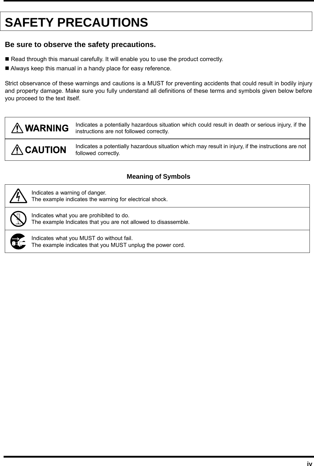  iv SAFETY PRECAUTIONS Be sure to observe the safety precautions.  Read through this manual carefully. It will enable you to use the product correctly.  Always keep this manual in a handy place for easy reference. Strict observance of these warnings and cautions is a MUST for preventing accidents that could result in bodily injury and property damage. Make sure you fully understand all definitions of these terms and symbols given below before you proceed to the text itself.   Indicates a potentially hazardous situation which could result in death or serious injury, if the instructions are not followed correctly.  Indicates a potentially hazardous situation which may result in injury, if the instructions are not followed correctly.  Meaning of Symbols  Indicates a warning of danger. The example indicates the warning for electrical shock.  Indicates what you are prohibited to do. The example Indicates that you are not allowed to disassemble.  Indicates what you MUST do without fail. The example indicates that you MUST unplug the power cord.   