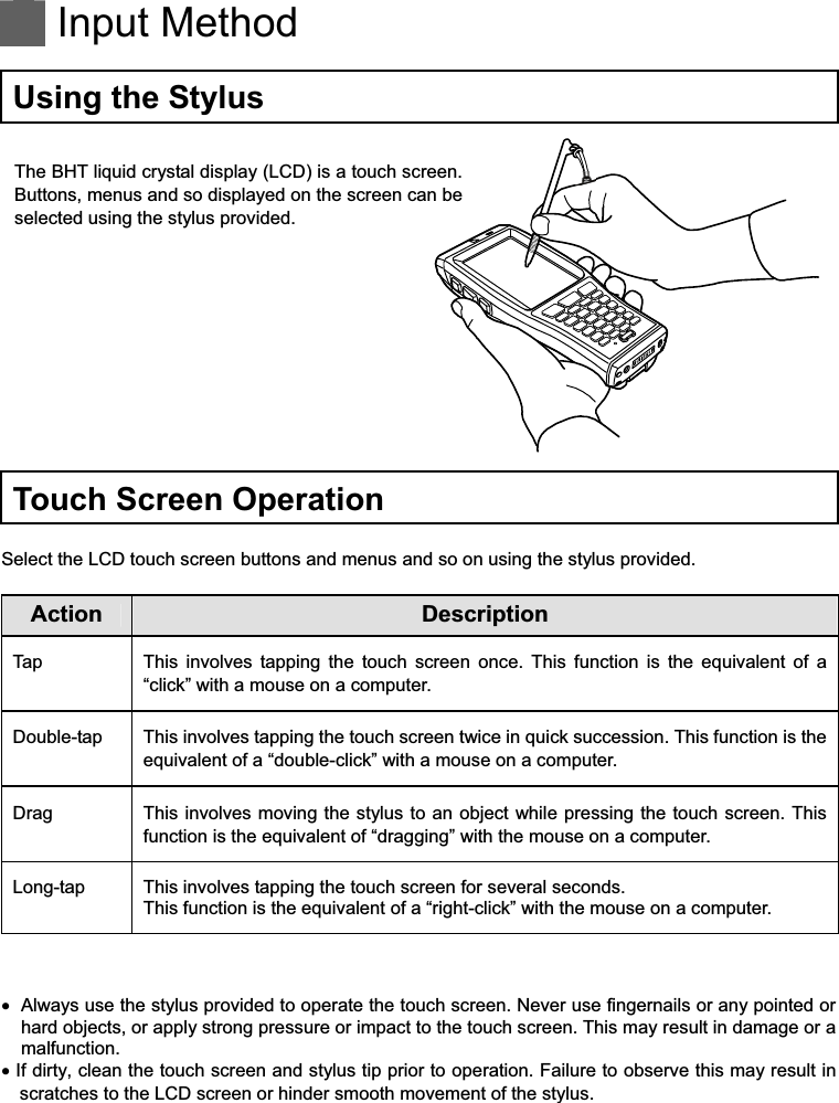    Input Method  Using the Stylus  The BHT liquid crystal display (LCD) is a touch screen. Buttons, menus and so displayed on the screen can be selected using the stylus provided.     Touch Screen Operation  Select the LCD touch screen buttons and menus and so on using the stylus provided.  Action Description Tap  This  involves  tapping  the  touch  screen  once.  This  function  is  the  equivalent  of  a “click” with a mouse on a computer. Double-tap  This involves tapping the touch screen twice in quick succession. This function is the equivalent of a “double-click” with a mouse on a computer. Drag  This involves moving the stylus to an object while pressing the touch screen.  This function is the equivalent of “dragging” with the mouse on a computer. Long-tap This involves tapping the touch screen for several seconds. This function is the equivalent of a “right-click” with the mouse on a computer.      Always use the stylus provided to operate the touch screen. Never use fingernails or any pointed or hard objects, or apply strong pressure or impact to the touch screen. This may result in damage or a malfunction.   If dirty, clean the touch screen and stylus tip prior to operation. Failure to observe this may result in scratches to the LCD screen or hinder smooth movement of the stylus.  