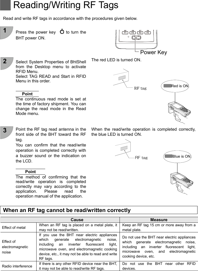 Reading/Writing RF Tags   Read and write RF tags in accordance with the procedures given below.    1  Press the power key    to turn the BHT power ON.     Power Key 2  The red LED is turned ON. Select System Properties of BhtShell from the Desktop menu to activate RFID Menu. Select TAG READ and Start in RFID Menu in this order.      Red is ON. RF tag Point The continuous read mode is set at the time of factory shipment. You can change the read mode in the Read Mode menu.     3 When the read/write operation is completed correctly, the blue LED is turned ON.   Point the RF tag read antenna in the front side of the BHT toward the RF tag.   You can confirm that the read/write operation is completed correctly with a buzzer sound or the indication on the LCD.    Blue is ON. RF tag Point The method of confirming that the read/write operation is completed correctly may vary according to the application. Please read the operation manual of the application.    When an RF tag cannot be read/written correctly          Cause  Measure When an RF tag is placed on a metal plate, it may not be read/written.   Keep an RF tag 15 cm or more away from a metal plate.   Effect of metal If you use the BHT near electric appliances which generate electromagnetic noise, including an inverter fluorescent light, microwave oven, and electromagnetic cooking device, etc., it may not be able to read and write RF tags. Do not use the BHT near electric appliances which generate electromagnetic noise, including an inverter fluorescent light, microwave oven, and electromagnetic cooking device, etc.   Effect of electromagnetic noise  If there is any other RFID device near the BHT, it may not be able to read/write RF tags.   Do not use the BHT near other RFID devices.  Radio interference  