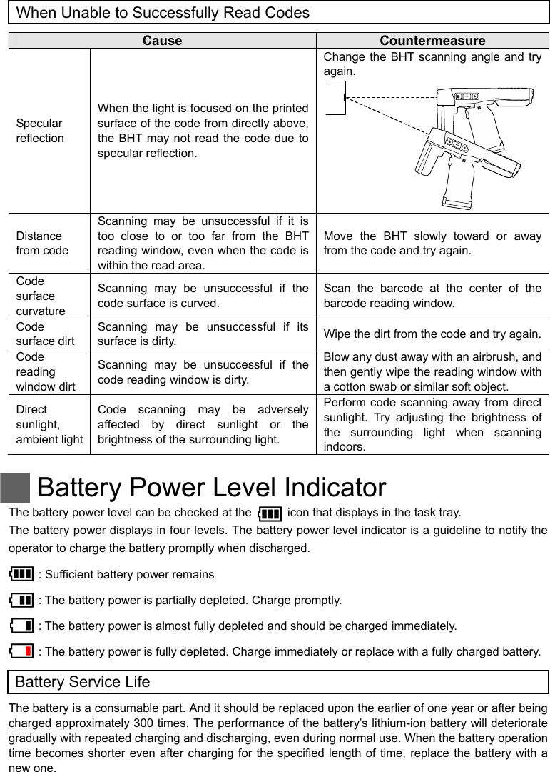  When Unable to Successfully Read Codes  Cause  Countermeasure Change the BHT scanning angle and try again.   Specular reflection When the light is focused on the printed surface of the code from directly above, the BHT may not read the code due to specular reflection.        Scanning may be unsuccessful if it is too close to or too far from the BHT reading window, even when the code is within the read area.   Move the BHT slowly toward or away from the code and try again. Distance from code Code surface curvature Scanning may be unsuccessful if the code surface is curved. Scan the barcode at the center of the barcode reading window. Code surface dirt Scanning may be unsuccessful if its surface is dirty.  Wipe the dirt from the code and try again. Blow any dust away with an airbrush, and then gently wipe the reading window with a cotton swab or similar soft object. Code reading window dirt Scanning may be unsuccessful if the code reading window is dirty. Perform code scanning away from direct sunlight. Try adjusting the brightness of the surrounding light when scanning indoors. Code scanning may be adversely affected by direct sunlight or the brightness of the surrounding light. Direct sunlight, ambient light      Battery Power Level Indicator The battery power level can be checked at the            icon that displays in the task tray.   The battery power displays in four levels. The battery power level indicator is a guideline to notify the operator to charge the battery promptly when discharged. : Sufficient battery power remains : The battery power is partially depleted. Charge promptly. : The battery power is almost fully depleted and should be charged immediately. : The battery power is fully depleted. Charge immediately or replace with a fully charged battery. Battery Service Life The battery is a consumable part. And it should be replaced upon the earlier of one year or after being charged approximately 300 times. The performance of the battery’s lithium-ion battery will deteriorate gradually with repeated charging and discharging, even during normal use. When the battery operation time becomes shorter even after charging for the specified length of time, replace the battery with a new one.  