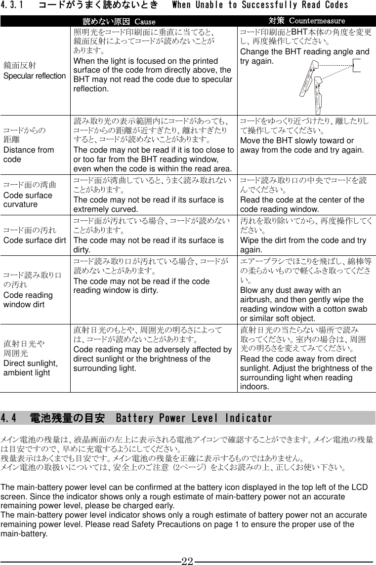 22 4.3.1 コードがうまく読めないとき   When Unable to Successfully Read Codes  読めない原因  Cause  対策  Countermeasure 鏡面反射 Specular reflection 照明光をコード印刷面に垂直に当てると、 鏡面反射によってコードが読めないことが あります。 When the light is focused on the printed surface of the code from directly above, the BHT may not read the code due to specular reflection. コード印刷面とBHT本体の角度を変更し、再度操作してください。 Change the BHT reading angle and try again.  コードからの 距離 Distance from code 読み取り光の表示範囲内にコードがあっても、コードからの距離が近すぎたり、離れすぎたりすると、コードが読めないことがあります。 The code may not be read if it is too close to or too far from the BHT reading window, even when the code is within the read area. コードをゆっくり近づけたり、離したりして操作してみてください。 Move the BHT slowly toward or away from the code and try again. コード面の湾曲 Code surface curvature コード面が湾曲していると、うまく読み取れないことがあります。 The code may not be read if its surface is extremely curved. コード読み取り口の中央でコードを読んでください。 Read the code at the center of the code reading window. コード面の汚れ Code surface dirt コード面が汚れている場合、コードが読めないことがあります。 The code may not be read if its surface is dirty. 汚れを取り除いてから、再度操作してください。 Wipe the dirt from the code and try again. コード読み取り口の汚れ Code reading window dirt コード読み取り口が汚れている場合、コードが読めないことがあります。 The code may not be read if the code reading window is dirty. エアーブラシでほこりを飛ばし、綿棒等の柔らかいもので軽くふき取ってください。 Blow any dust away with an airbrush, and then gently wipe the reading window with a cotton swab or similar soft object. 直射日光や 周囲光 Direct sunlight, ambient light 直射日光のもとや、周囲光の明るさによっては、コードが読めないことがあります。 Code reading may be adversely affected by direct sunlight or the brightness of the surrounding light. 直射日光の当たらない場所で読み取ってください。室内の場合は、周囲光の明るさを変えてみてください。 Read the code away from direct sunlight. Adjust the brightness of the surrounding light when reading indoors.  4.4 電池残量の目安  Battery Power Level Indicator  メイン電池の残量は、液晶画面の左上に表示される電池アイコンで確認することができます。メイン電池の残量は目安ですので、早めに充電するようにしてください。 残量表示はあくまでも目安です。メイン電池の残量を正確に表示するものではありません。 メイン電池の取扱いについては、安全上のご注意  (2ページ)  をよくお読みの上、正しくお使い下さい。  The main-battery power level can be confirmed at the battery icon displayed in the top left of the LCD screen. Since the indicator shows only a rough estimate of main-battery power not an accurate remaining power level, please be charged early. The main-battery power level indicator shows only a rough estimate of battery power not an accurate remaining power level. Please read Safety Precautions on page 1 to ensure the proper use of the main-battery.  