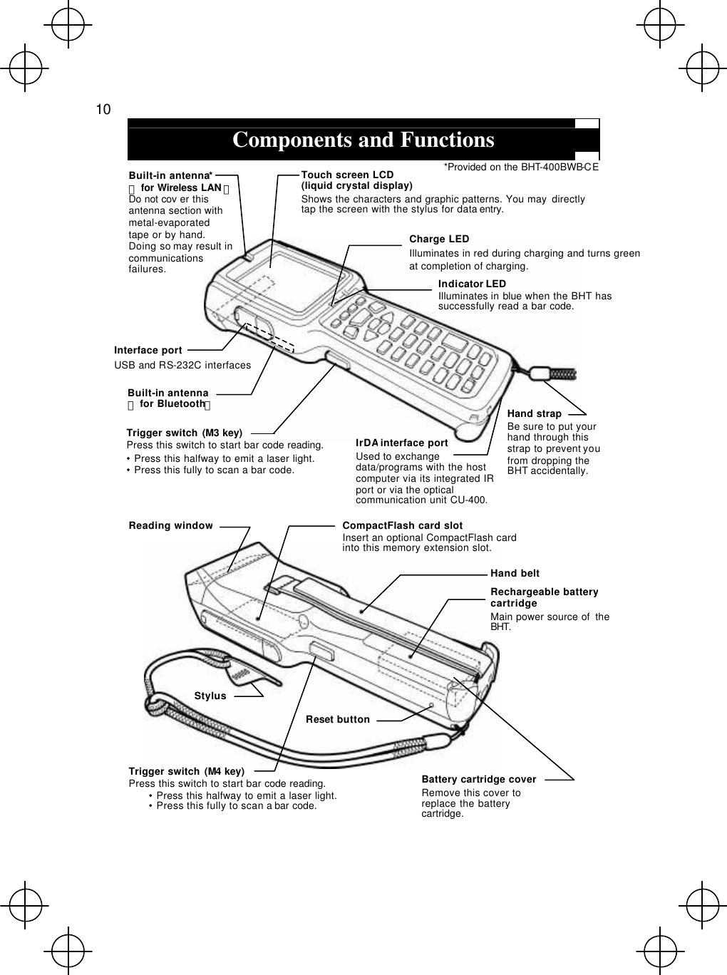  10  Components and Functions             Indicator LED Illuminates in blue when the BHT has successfully read a bar code. Touch screen LCD  (liquid crystal display) Shows the characters and graphic patterns. You may  directly tap the screen with the stylus for data entry. Reading window Interface port USB and RS-232C interfaces Trigger switch (M3 key) Press this switch to start bar code reading. • Press this halfway to emit a laser light. • Press this fully to scan a bar code. Trigger switch (M4 key) Press this switch to start bar code reading. • Press this halfway to emit a laser light. • Press this fully to scan a bar code. Reset button IrDA interface port Used to exchange data/programs with the host computer via its integrated IR port or via the optical communication unit CU-400. Hand strap Be sure to put your hand through this strap to prevent you from dropping the BHT accidentally. Stylus  Rechargeable battery cartridge Main power source of  the BHT.  Hand belt Built-in antenna* （for Wireless LAN ） Do not cov er this antenna section with metal-evaporated   tape or by hand.  Doing so may result in communications   failures. Battery cartridge cover Remove this cover to replace the battery cartridge. CompactFlash card slot Insert an optional CompactFlash card into this memory extension slot. Charge LED Illuminates in red during charging and turns green at completion of charging. *Provided on the BHT-400BWB-CE Built-in antenna （for Bluetooth） 