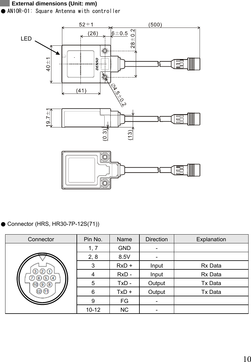  10  External dimensions (Unit: mm) z AN10R-01: Square Antenna with controller         z Connector (HRS, HR30-7P-12S(71))   Connector  Pin No.  Name  Direction  Explanation 1, 7  GND  -   2, 8  8.5V  -   3  RxD +  Input  Rx Data 4  RxD -  Input  Rx Data 5  TxD -  Output  Tx Data 6  TxD +  Output  Tx Data 9  FG  -    10-12  NC  -    LED 