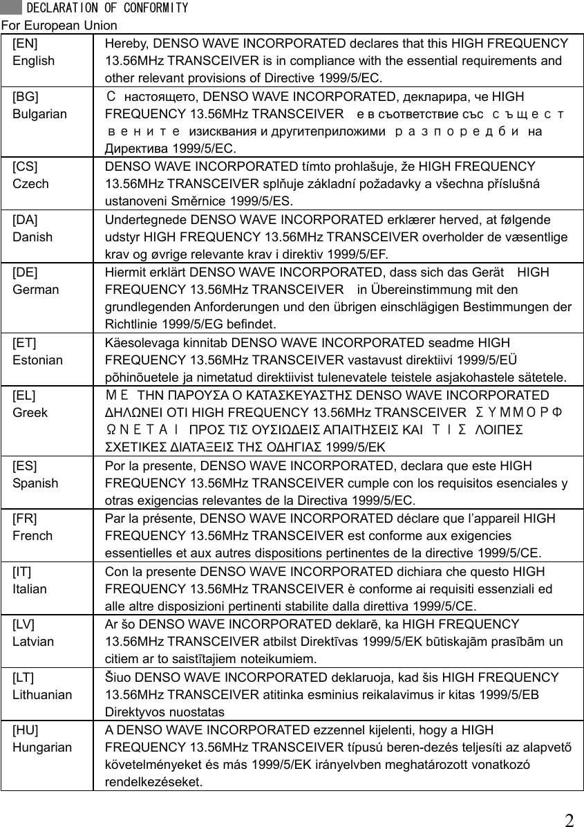  2  DECLARATION OF CONFORMITY For European Union [EN] English Hereby, DENSO WAVE INCORPORATED declares that this HIGH FREQUENCY 13.56MHz TRANSCEIVER is in compliance with the essential requirements and other relevant provisions of Directive 1999/5/EC. [BG] Bulgarian С настоящето, DENSO WAVE INCORPORATED, декларира, че HIGH FREQUENCY 13.56MHz TRANSCEIVER    е в съответствие със съществените изисквания и другитеприложими разпоредби на Директива 1999/5/EC. [CS] Czech DENSO WAVE INCORPORATED tímto prohlašuje, že HIGH FREQUENCY 13.56MHz TRANSCEIVER splňuje základní požadavky a všechna příslušná ustanoveni Směrnice 1999/5/ES. [DA] Danish Undertegnede DENSO WAVE INCORPORATED erklærer herved, at følgende udstyr HIGH FREQUENCY 13.56MHz TRANSCEIVER overholder de væsentlige krav og øvrige relevante krav i direktiv 1999/5/EF. [DE] German Hiermit erklärt DENSO WAVE INCORPORATED, dass sich das Gerät    HIGH FREQUENCY 13.56MHz TRANSCEIVER    in Übereinstimmung mit den grundlegenden Anforderungen und den übrigen einschlägigen Bestimmungen der Richtlinie 1999/5/EG befindet. [ET] Estonian Käesolevaga kinnitab DENSO WAVE INCORPORATED seadme HIGH FREQUENCY 13.56MHz TRANSCEIVER vastavust direktiivi 1999/5/EÜ põhinõuetele ja nimetatud direktiivist tulenevatele teistele asjakohastele sätetele. [EL] Greek ΜΕ ΤΗΝ ΠΑΡΟΥΣΑ Ο ΚΑΤΑΣΚΕΥΑΣΤΗΣ DENSO WAVE INCORPORATED ΔΗΛΩΝΕΙ ΟΤΙ HIGH FREQUENCY 13.56MHz TRANSCEIVER  ΣΥΜΜΟΡΦΩΝΕΤΑΙ ΠΡΟΣ ΤΙΣ ΟΥΣΙΩΔΕΙΣ ΑΠΑΙΤΗΣΕΙΣ ΚΑΙ ΤΙΣ ΛΟΙΠΕΣ ΣΧΕΤΙΚΕΣ ΔΙΑΤΑΞΕΙΣ ΤΗΣ ΟΔΗΓΙΑΣ 1999/5/ΕΚ [ES] Spanish Por la presente, DENSO WAVE INCORPORATED, declara que este HIGH FREQUENCY 13.56MHz TRANSCEIVER cumple con los requisitos esenciales y otras exigencias relevantes de la Directiva 1999/5/EC. [FR] French Par la présente, DENSO WAVE INCORPORATED déclare que l’appareil HIGH FREQUENCY 13.56MHz TRANSCEIVER est conforme aux exigencies essentielles et aux autres dispositions pertinentes de la directive 1999/5/CE. [IT] Italian Con la presente DENSO WAVE INCORPORATED dichiara che questo HIGH FREQUENCY 13.56MHz TRANSCEIVER è conforme ai requisiti essenziali ed alle altre disposizioni pertinenti stabilite dalla direttiva 1999/5/CE. [LV] Latvian Ar šo DENSO WAVE INCORPORATED deklarē, ka HIGH FREQUENCY 13.56MHz TRANSCEIVER atbilst Direktīvas 1999/5/EK būtiskajām prasībām un citiem ar to saistītajiem noteikumiem. [LT] Lithuanian Šiuo DENSO WAVE INCORPORATED deklaruoja, kad šis HIGH FREQUENCY 13.56MHz TRANSCEIVER atitinka esminius reikalavimus ir kitas 1999/5/EB Direktyvos nuostatas [HU] Hungarian A DENSO WAVE INCORPORATED ezzennel kijelenti, hogy a HIGH FREQUENCY 13.56MHz TRANSCEIVER típusú beren-dezés teljesíti az alapvető követelményeket és más 1999/5/EK irányelvben meghatározott vonatkozó rendelkezéseket.  