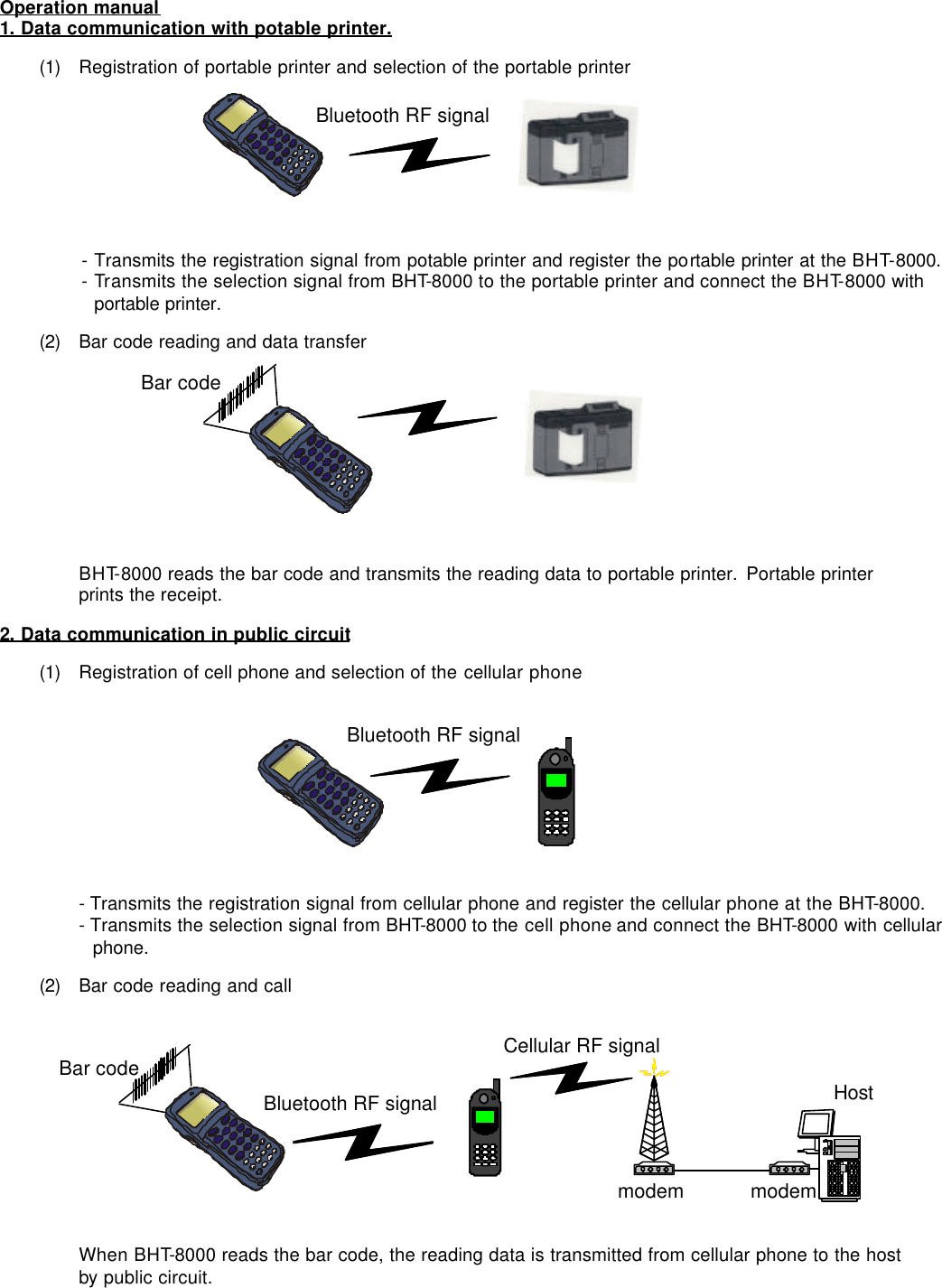 Operation manual 1. Data communication with potable printer.  (1) Registration of portable printer and selection of the portable printer      - Transmits the registration signal from potable printer and register the portable printer at the BHT-8000.  - Transmits the selection signal from BHT-8000 to the portable printer and connect the BHT-8000 with       portable printer.  (2) Bar code reading and data transfer          BHT-8000 reads the bar code and transmits the reading data to portable printer. Portable printer     prints the receipt. 2. Data communication in public circuit  (1) Registration of cell phone and selection of the cellular phone        - Transmits the registration signal from cellular phone and register the cellular phone at the BHT-8000.     - Transmits the selection signal from BHT-8000 to the cell phone and connect the BHT-8000 with cellular      phone.  (2) Bar code reading and call         When BHT-8000 reads the bar code, the reading data is transmitted from cellular phone to the host     by public circuit.  Bar code Bluetooth RF signal Bluetooth RF signal Bluetooth RF signal Cellular RF signal Host modem modem Bar code 