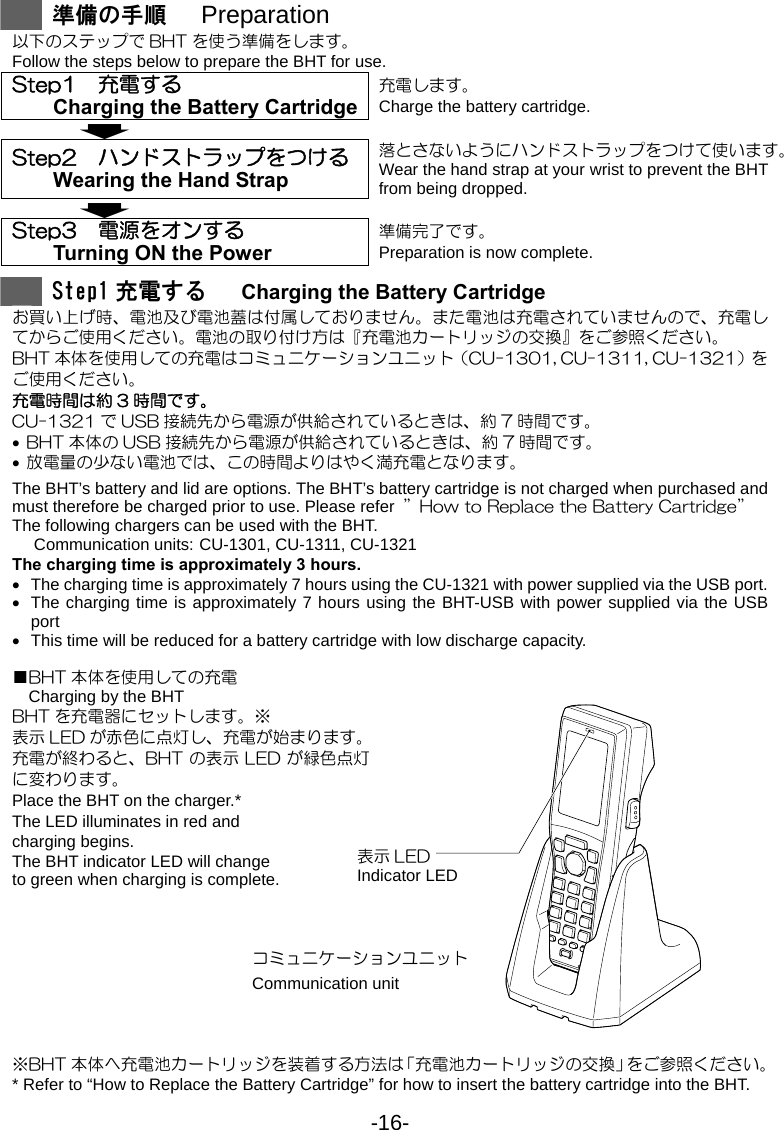 -16-   準備の手順   Preparation 以下のステップで BHT を使う準備をします。 Follow the steps below to prepare the BHT for use. Step1    充電する Charging the Battery Cartridge充電します。 Charge the battery cartridge. ¦ Step2    ハンドストラップをつける Wearing the Hand Strap 落とさないようにハンドストラップをつけて使います。 Wear the hand strap at your wrist to prevent the BHT from being dropped.¦ Step3    電源をオンする   Turning ON the Power 準備完了です。 Preparation is now complete.   Step1 充電する   Charging the Battery Cartridge お買い上げ時、電池及び電池蓋は付属しておりません。また電池は充電されていませんので、充電してからご使用ください。電池の取り付け方は『充電池カートリッジの交換』をご参照ください。 BHT 本体を使用しての充電はコミュニケーションユニット（CU-1301, CU-1311, CU-1321）をご使用ください。 充電時間は約 3 時間です。 CU-1321 で USB 接続先から電源が供給されているときは、約 7 時間です。 • BHT 本体の USB 接続先から電源が供給されているときは、約 7 時間です。 • 放電量の少ない電池では、この時間よりはやく満充電となります。 The BHT’s battery and lid are options. The BHT’s battery cartridge is not charged when purchased and must therefore be charged prior to use. Please refer  ”How to Replace the Battery Cartridge” The following chargers can be used with the BHT. Communication units: CU-1301, CU-1311, CU-1321 The charging time is approximately 3 hours. •  The charging time is approximately 7 hours using the CU-1321 with power supplied via the USB port. •  The charging time is approximately 7 hours using the BHT-USB with power supplied via the USB port •  This time will be reduced for a battery cartridge with low discharge capacity.    ■BHT 本体を使用しての充電   Charging by the BHT BHT を充電器にセットします。※ 表示 LED が赤色に点灯し、充電が始まります。 充電が終わると、BHT の表示 LED が緑色点灯に変わります。 Place the BHT on the charger.* The LED illuminates in red and   charging begins. The BHT indicator LED will change   to green when charging is complete.   ※BHT 本体へ充電池カートリッジを装着する方法は「充電池カートリッジの交換」をご参照ください。 * Refer to “How to Replace the Battery Cartridge” for how to insert the battery cartridge into the BHT. コミュニケーションユニット Communication unit 表示 LED Indicator LED 