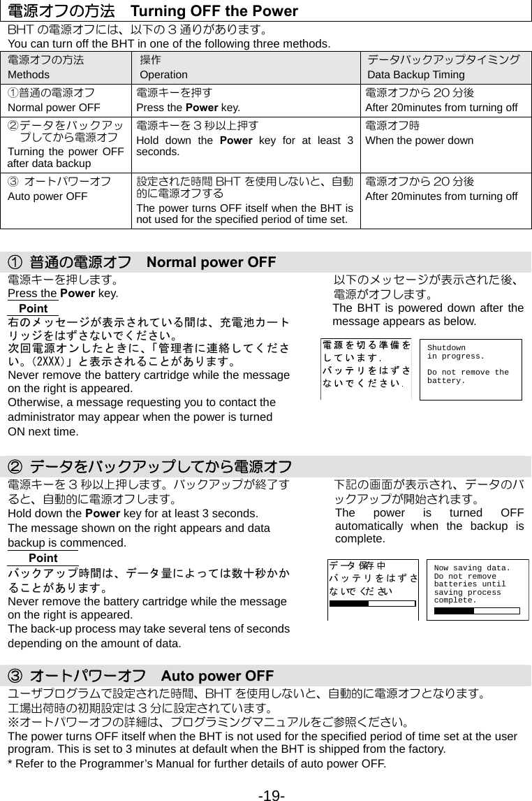 -19- 電源オフの方法    Turning OFF the Power BHT の電源オフには、以下の 3 通りがあります。 You can turn off the BHT in one of the following three methods. 電源オフの方法 Methods 操作 Operation データバックアップタイミング Data Backup Timing ①普通の電源オフ Normal power OFF 電源キーを押す Press the Power key. 電源オフから 20 分後   After 20minutes from turning off ②データをバックアップしてから電源オフ Turning the power OFF after data backup 電源キーを 3 秒以上押す Hold down the Power  key for at least 3 seconds. 電源オフ時 When the power down ③  オートパワーオフ Auto power OFF 設定された時間 BHT を使用しないと、自動的に電源オフする The power turns OFF itself when the BHT is not used for the specified period of time set.電源オフから 20 分後   After 20minutes from turning off   ①  普通の電源オフ    Normal power OFF 電源キーを押します。 Press the Power key. Point 右のメッセージが表示されている間は、充電池カートリッジをはずさないでください。 次回電源オンしたときに、「管理者に連絡してください。（2XXX）」と表示されることがあります。 Never remove the battery cartridge while the message on the right is appeared. Otherwise, a message requesting you to contact the administrator may appear when the power is turned ON next time. 以下のメッセージが表示された後、電源がオフします。 The BHT is powered down after the message appears as below.       ②  データをバックアップしてから電源オフ 電源キーを 3 秒以上押します。バックアップが終了すると、自動的に電源オフします。 Hold down the Power key for at least 3 seconds. The message shown on the right appears and data backup is commenced. Point バックアップ時間は、データ量によっては数十秒かかることがあります。 Never remove the battery cartridge while the message on the right is appeared. The back-up process may take several tens of seconds depending on the amount of data.  下記の画面が表示され、データのバックアップが開始されます。 The power is turned OFF automatically when the backup is complete.     ③  オートパワーオフ    Auto power OFF ユーザプログラムで設定された時間、BHT を使用しないと、自動的に電源オフとなります。 工場出荷時の初期設定は 3 分に設定されています。 ※オートパワーオフの詳細は、プログラミングマニュアルをご参照ください。 The power turns OFF itself when the BHT is not used for the specified period of time set at the user program. This is set to 3 minutes at default when the BHT is shipped from the factory. * Refer to the Programmer’s Manual for further details of auto power OFF. Shutdownin progress.Do not remove thebattery.データ保存中.バッテリをはずさないでください.Now saving data.Do not removebatteries untilsaving processcomplete.