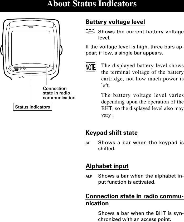 About Status IndicatorsBattery voltage levelShows the current battery voltagelevel.If the voltage level is high, three bars ap-pear; if low, a single bar appears.The displayed battery level showsthe terminal voltage of the batterycartridge, not how much power isleft.The battery voltage level variesdepending upon the operation of theBHT, so the displayed level also mayvary .Keypad shift stateSF Shows a bar when the keypad isshifted.Alphabet inputALP Shows a bar when the alphabet in-put function is activated.Connection state in radio commu-nicationShows a bar when the BHT is syn-chronized with an access point.Connectionstate in radiocommunicationStatus Indicators