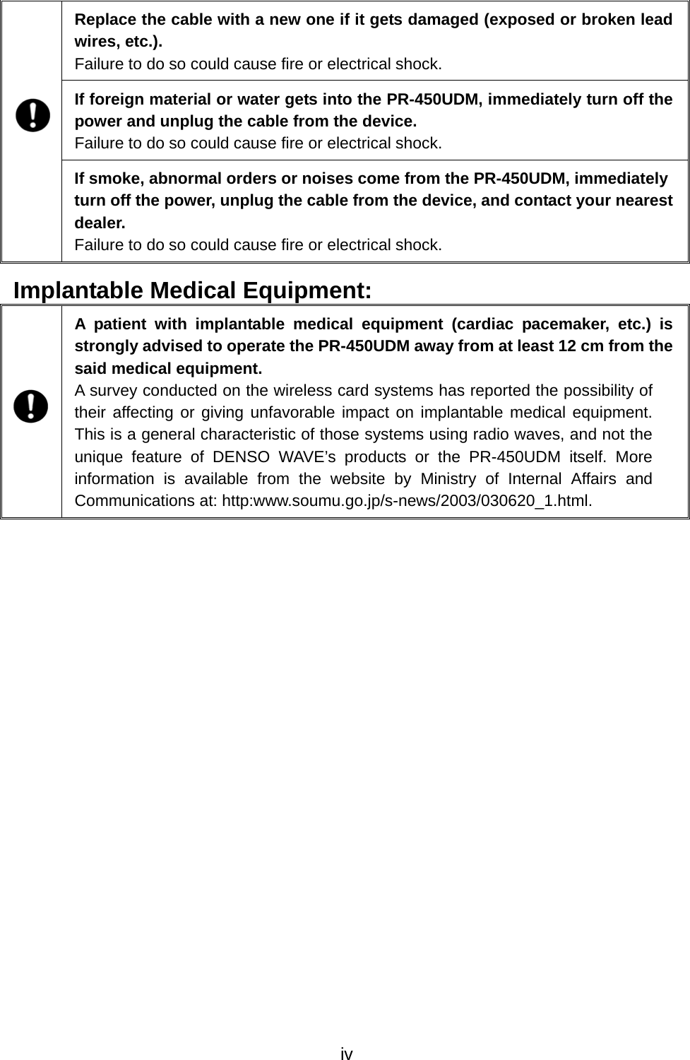 Replace the cable with a new one if it gets damaged (exposed or broken lead wires, etc.).   Failure to do so could cause fire or electrical shock. If foreign material or water gets into the PR-450UDM, immediately turn off the power and unplug the cable from the device. Failure to do so could cause fire or electrical shock.  If smoke, abnormal orders or noises come from the PR-450UDM, immediately turn off the power, unplug the cable from the device, and contact your nearest dealer. Failure to do so could cause fire or electrical shock. Implantable Medical Equipment:  A patient with implantable medical equipment (cardiac pacemaker, etc.) is strongly advised to operate the PR-450UDM away from at least 12 cm from the said medical equipment. A survey conducted on the wireless card systems has reported the possibility of their affecting or giving unfavorable impact on implantable medical equipment. This is a general characteristic of those systems using radio waves, and not the unique feature of DENSO WAVE’s products or the PR-450UDM itself. More information is available from the website by Ministry of Internal Affairs and Communications at: http:www.soumu.go.jp/s-news/2003/030620_1.html.     iv