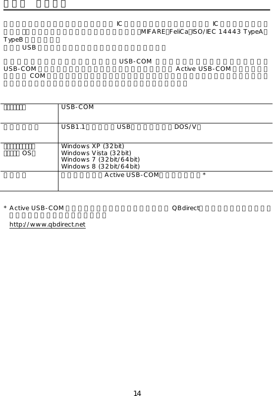 14 第２章  動作環境   本機は、コンピュータと接続して非接触 IC カードとの通信を行う、非接触 IC カードリーダライタです。本機にて使用可能な非接触ＩＣカードは、MIFARE，FeliCa，ISO/IEC 14443 TypeA，TypeB となります。 また、USB ポートを備えたコンピュータ環境が必要です。 本機をコンピュータに接続するには、USB-COM インタフェースを用いて接続します。USB-COM インタフェースは、ホストコンピュータに専用の Active USB-COM ポートドライバ（仮想 COM ポートドライバ）をインストールする必要があります。従来のシリアルポートを利用するアプリケーションから、本機を使用することができます。     ｲﾝﾀﾌｪｰｽ  USB-COM コンピュータ  USB1.1に準拠したUSBポートを備えたDOS/V機 ｵﾍﾟﾚｰﾃｨﾝｸﾞ ｼｽﾃﾑ（OS）  Windows XP (32bit) Windows Vista (32bit) Windows 7 (32bit/64bit) Windows 8 (32bit/64bit) ドライバ  弊社が提供するActive USB-COMポートドライバ*   * Active USB-COM ポートドライバは、弊社ホームページ QBdirect（会員登録制、利用無料）から無償でダウンロードできます。   http://www.qbdirect.net  