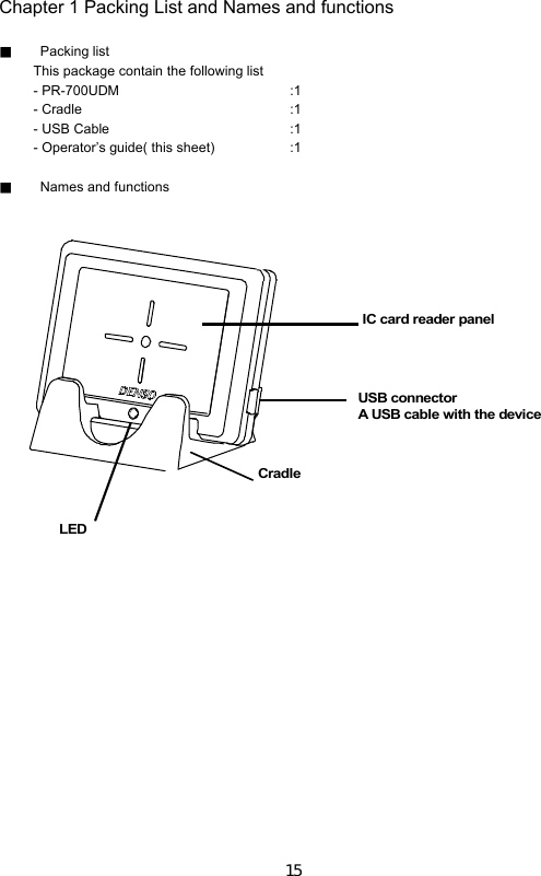 15 Chapter 1 Packing List and Names and functions ■ Packing list This package contain the following list - PR-700UDM    :1 - Cradle      :1 - USB Cable    :1 - Operator’s guide( this sheet)  :1  ■ Names and functions           IC card reader panel USB connector A USB cable with the device  LED Cradle 