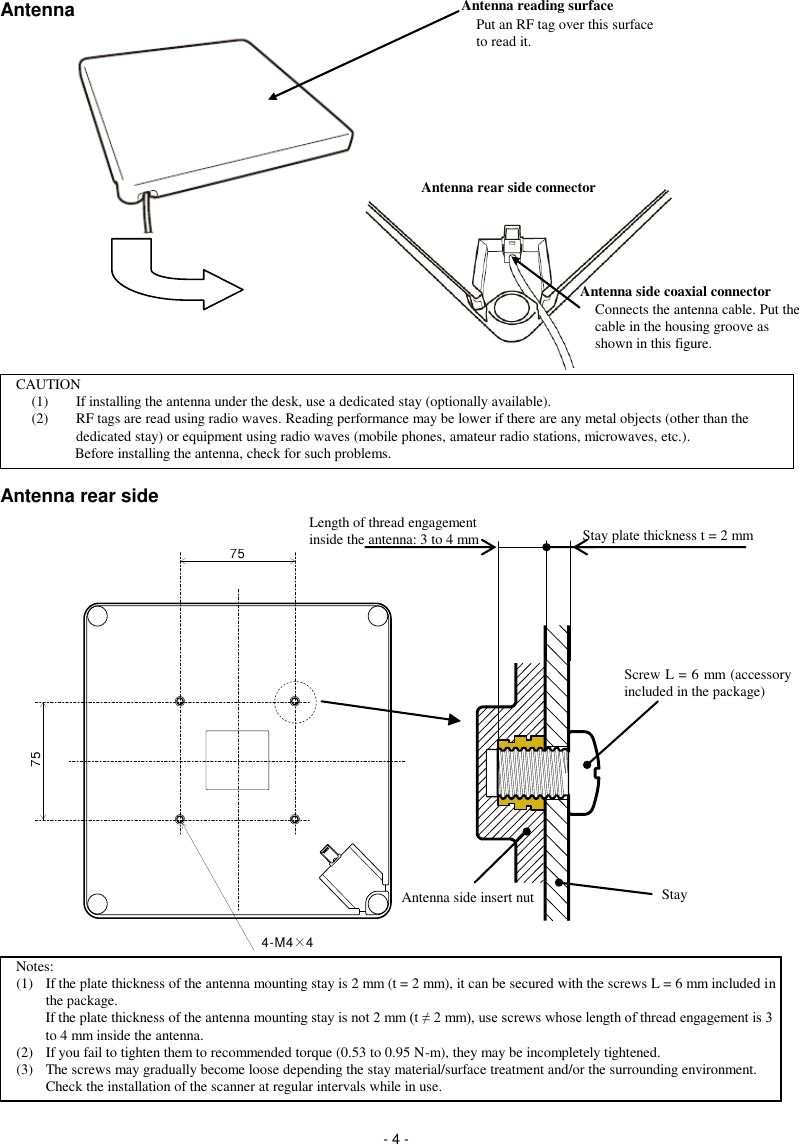  - 4 - Antenna reading surface Put an RF tag over this surface to read it. Antenna rear side connector Antenna side coaxial connector Connects the antenna cable. Put the cable in the housing groove as shown in this figure. Antenna                  Antenna rear side                    CAUTION (1)  If installing the antenna under the desk, use a dedicated stay (optionally available). (2)  RF tags are read using radio waves. Reading performance may be lower if there are any metal objects (other than the dedicated stay) or equipment using radio waves (mobile phones, amateur radio stations, microwaves, etc.).         Before installing the antenna, check for such problems. 75754-M4 4×Notes: (1)  If the plate thickness of the antenna mounting stay is 2 mm (t = 2 mm), it can be secured with the screws L = 6 mm included in the package. If the plate thickness of the antenna mounting stay is not 2 mm (t ≠ 2 mm), use screws whose length of thread engagement is 3 to 4 mm inside the antenna. (2)  If you fail to tighten them to recommended torque (0.53 to 0.95 N-m), they may be incompletely tightened. (3)   The screws may gradually become loose depending the stay material/surface treatment and/or the surrounding environment. Check the installation of the scanner at regular intervals while in use. Stay plate thickness t = 2 mm Screw L = 6 mm (accessory included in the package) Stay Antenna side insert nut Length of thread engagement inside the antenna: 3 to 4 mm 