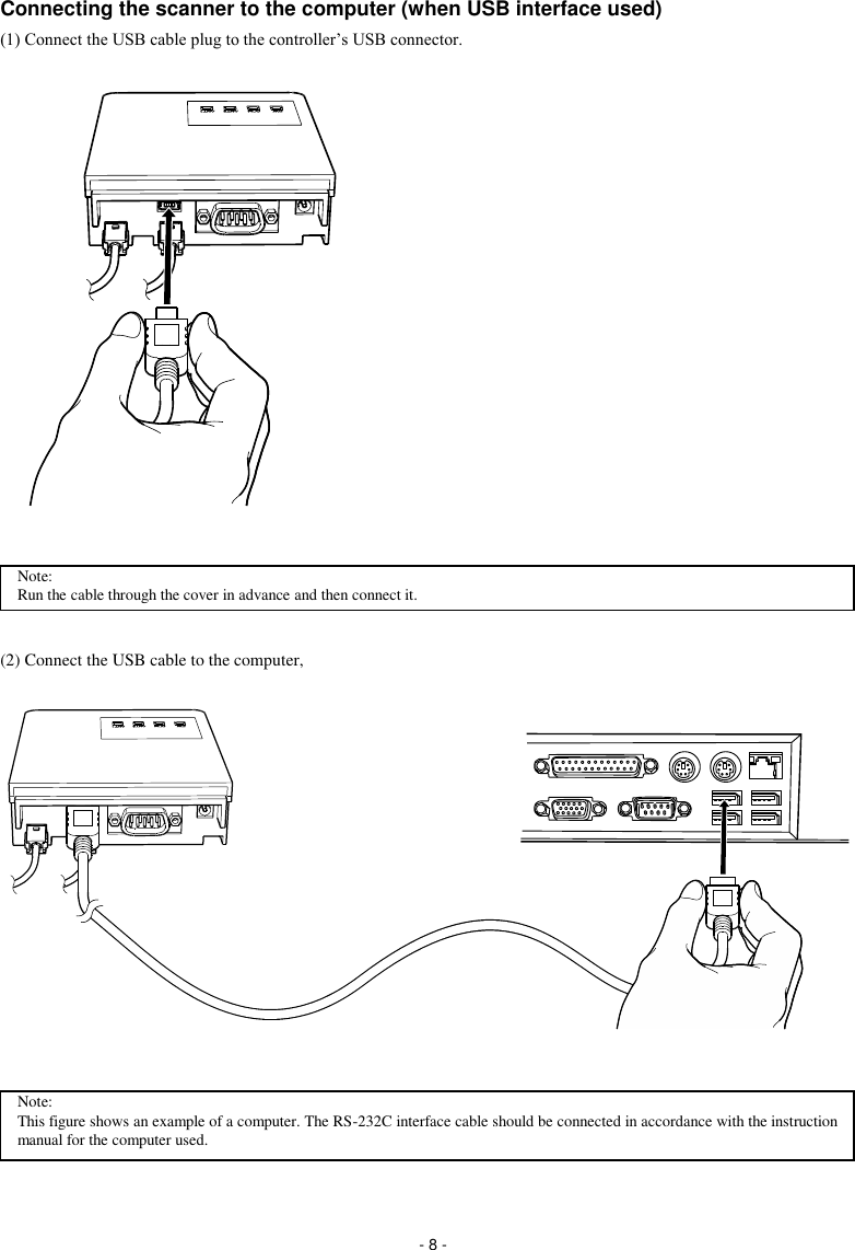  - 8 - Connecting the scanner to the computer (when USB interface used) (1) Connect the USB cable plug to the controller’s USB connector.                     (2) Connect the USB cable to the computer,       Note: This figure shows an example of a computer. The RS-232C interface cable should be connected in accordance with the instruction manual for the computer used. Note: Run the cable through the cover in advance and then connect it. 