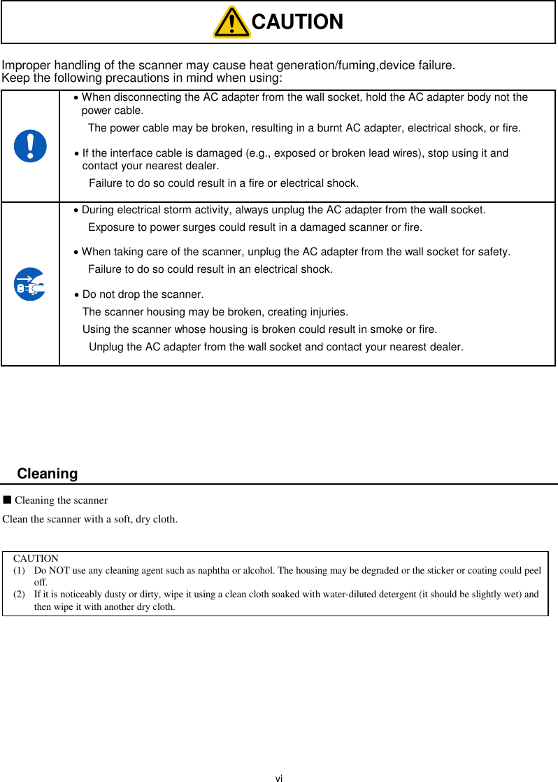  vi  CAUTION Improper handling of the scanner may cause heat generation/fuming,device failure. Keep the following precautions in mind when using:   When disconnecting the AC adapter from the wall socket, hold the AC adapter body not the power cable.  The power cable may be broken, resulting in a burnt AC adapter, electrical shock, or fire.  If the interface cable is damaged (e.g., exposed or broken lead wires), stop using it and contact your nearest dealer.   Failure to do so could result in a fire or electrical shock.   During electrical storm activity, always unplug the AC adapter from the wall socket.   Exposure to power surges could result in a damaged scanner or fire.  When taking care of the scanner, unplug the AC adapter from the wall socket for safety.   Failure to do so could result in an electrical shock.  Do not drop the scanner.   The scanner housing may be broken, creating injuries.   Using the scanner whose housing is broken could result in smoke or fire.   Unplug the AC adapter from the wall socket and contact your nearest dealer.       Cleaning  Cleaning the scanner Clean the scanner with a soft, dry cloth.        CAUTION (1)  Do NOT use any cleaning agent such as naphtha or alcohol. The housing may be degraded or the sticker or coating could peel off. (2)  If it is noticeably dusty or dirty, wipe it using a clean cloth soaked with water-diluted detergent (it should be slightly wet) and then wipe it with another dry cloth. 