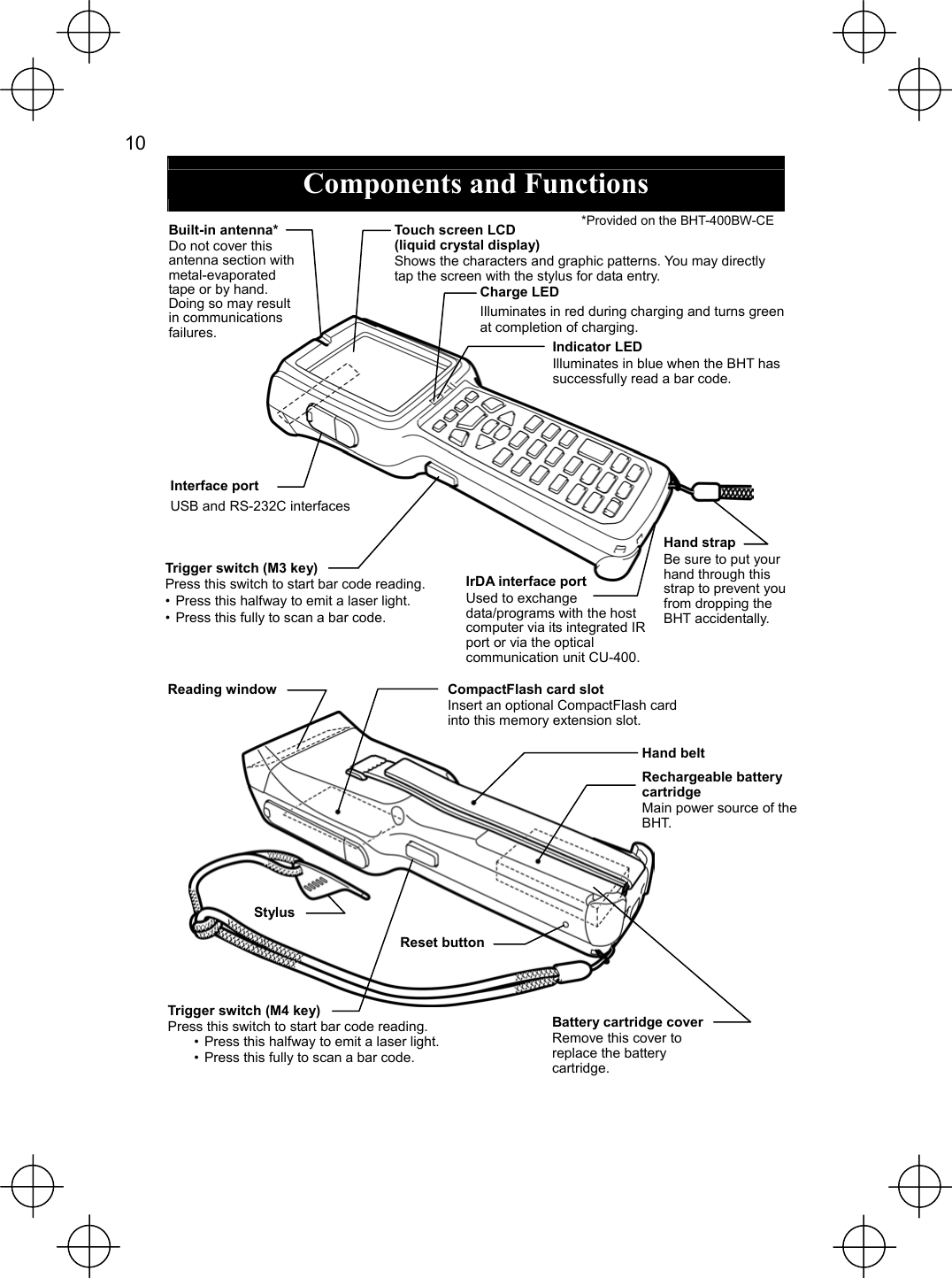  10   Components and Functions             Indicator LEDIlluminates in blue when the BHT has successfully read a bar code. Touch screen LCD (liquid crystal display) Shows the characters and graphic patterns. You may directly tap the screen with the stylus for data entry. Reading window Interface portUSB and RS-232C interfaces Trigger switch (M3 key) Press this switch to start bar code reading.•  Press this halfway to emit a laser light. •  Press this fully to scan a bar code. Trigger switch (M4 key) Press this switch to start bar code reading. •  Press this halfway to emit a laser light. •  Press this fully to scan a bar code. Reset buttonIrDAinterface portUsed to exchange data/programs with the host computer via its integrated IR port or via the optical communication unit CU-400. Hand strap Be sure to put your hand through this strap to prevent you from dropping the BHT accidentally. Stylus Rechargeable battery cartridge Main power source of the BHT. Hand belt Built-in antenna* Do not cover this antenna section with metal-evaporated tape or by hand. Doing so may result in communications failures. Battery cartridge cover Remove this cover to replace the battery cartridge. CompactFlash card slotInsert an optional CompactFlash card into this memory extension slot. Charge LEDIlluminates in red during charging and turns green at completion of charging. *Provided on the BHT-400BW-CE 