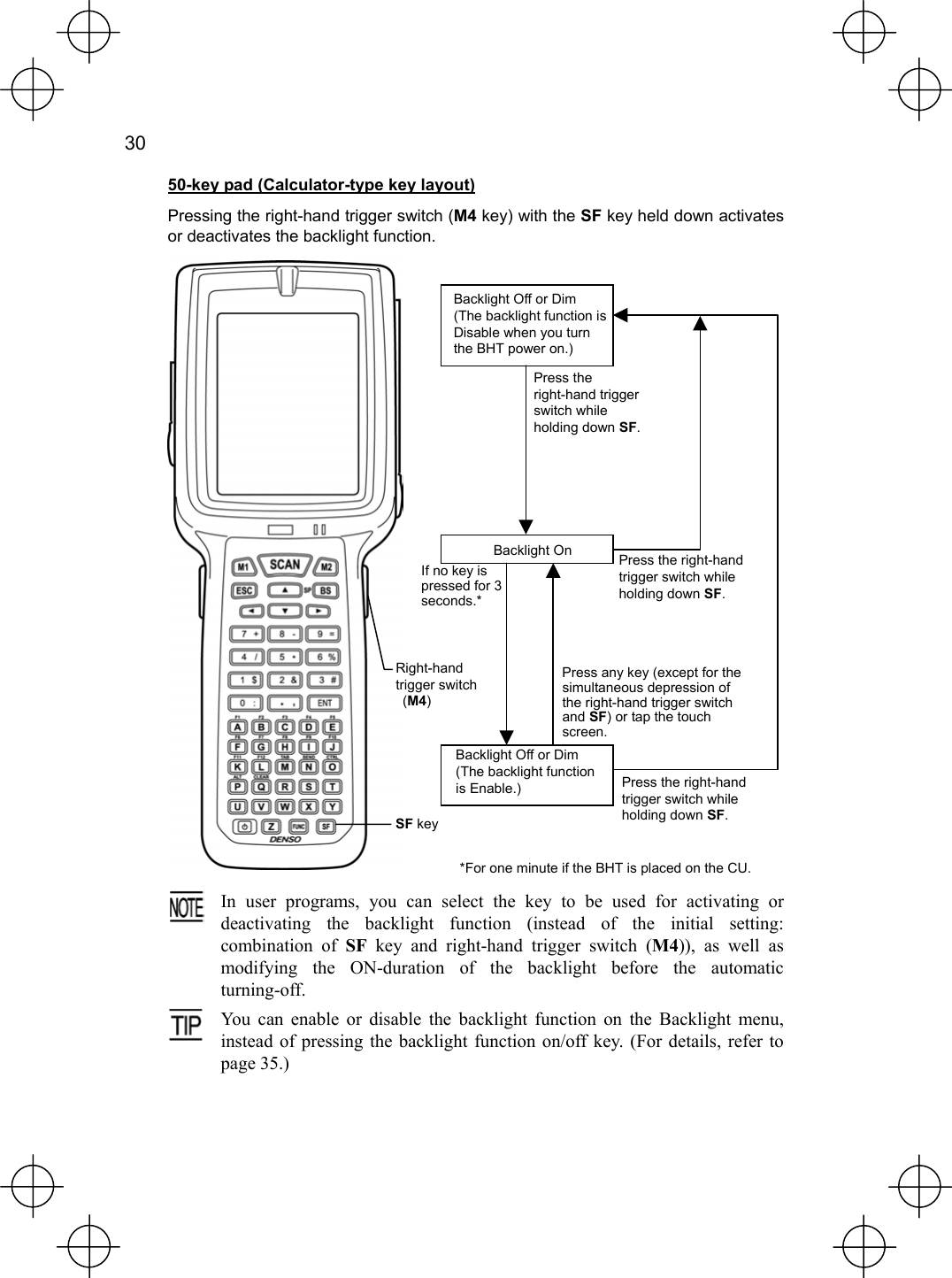  30   50-key pad (Calculator-type key layout) Pressing the right-hand trigger switch (M4 key) with the SF key held down activates or deactivates the backlight function.    In user programs, you can select the key to be used for activating ordeactivating the backlight function (instead of the initial setting:combination of SF key and right-hand trigger switch (M4)), as well as modifying the ON-duration of the backlight before the automatic turning-off.  You can enable or disable the backlight function on the Backlight menu,instead of pressing the backlight function on/off key. (For details, refer to page 35.) Backlight Off or Dim (The backlight function is Disable when you turn the BHT power on.) SF keyRight-hand trigger switch  (M4) Press the right-hand trigger switch while holding down SF. Backlight Off or Dim (The backlight function is Enable.) Backlight On Press the right-hand trigger switch while holding down SF. Press the right-hand trigger switch while holding down SF.If no key ispressed for 3 seconds.* Press any key (except for the simultaneous depression of the right-hand trigger switch and SF) or tap the touch screen. *For one minute if the BHT is placed on the CU. 