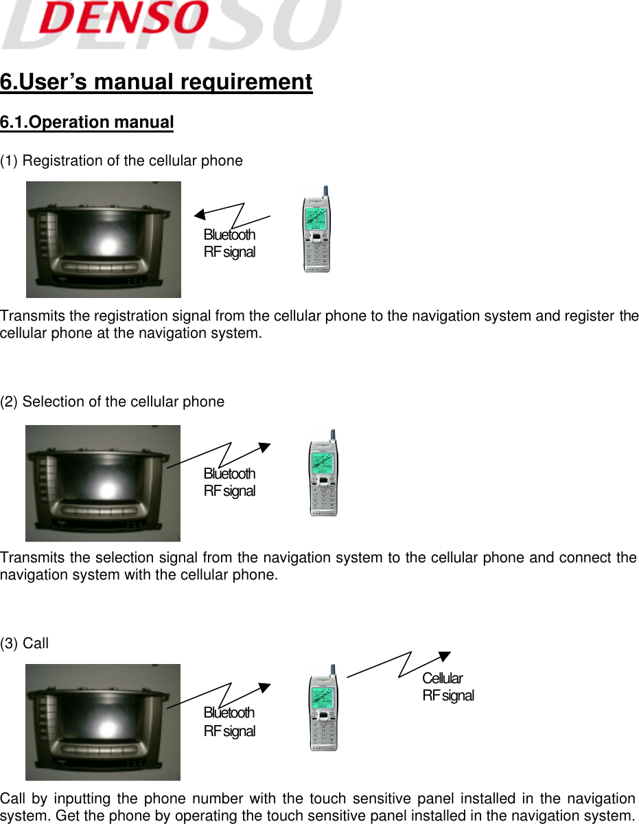   6.User’s manual requirement  6.1.Operation manual  (1) Registration of the cellular phone         Transmits the registration signal from the cellular phone to the navigation system and register the cellular phone at the navigation system.    (2) Selection of the cellular phone         Transmits the selection signal from the navigation system to the cellular phone and connect the navigation system with the cellular phone.    (3) Call         Call by inputting the phone number with the touch sensitive panel installed in the navigation system. Get the phone by operating the touch sensitive panel installed in the navigation system. Bluetooth  RF signal Bluetooth  RF signal Bluetooth  RF signal Cellular   RF signal 