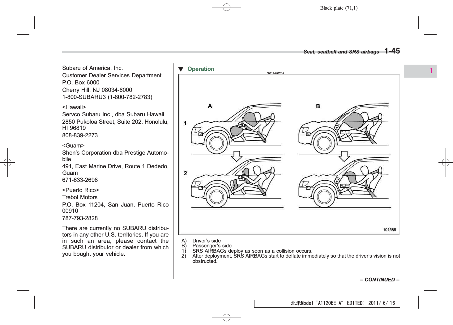 Black plate (71,1)北米Model &quot;A1120BE-A&quot; EDITED: 2011/ 6/ 16Subaru of America, Inc.Customer Dealer Services DepartmentP.O. Box 6000Cherry Hill, NJ 08034-60001-800-SUBARU3 (1-800-782-2783)&lt;Hawaii&gt;Servco Subaru Inc., dba Subaru Hawaii2850 Pukoloa Street, Suite 202, Honolulu,HI 96819808-839-2273&lt;Guam&gt;Shen’s Corporation dba Prestige Automo-bile491, East Marine Drive, Route 1 Dededo,Guam671-633-2698&lt;Puerto Rico&gt;Trebol MotorsP.O. Box 11204, San Juan, Puerto Rico00910787-793-2828There are currently no SUBARU distribu-tors in any other U.S. territories. If you arein such an area, please contact theSUBARU distributor or dealer from whichyou bought your vehicle.!OperationS01AH0207A) Driver’s sideB) Passenger’s side1) SRS AIRBAGs deploy as soon as a collision occurs.2) After deployment, SRS AIRBAGs start to deflate immediately so that the driver’s vision is notobstructed.Seat, seatbelt and SRS airbags 1-45–CONTINUED –1