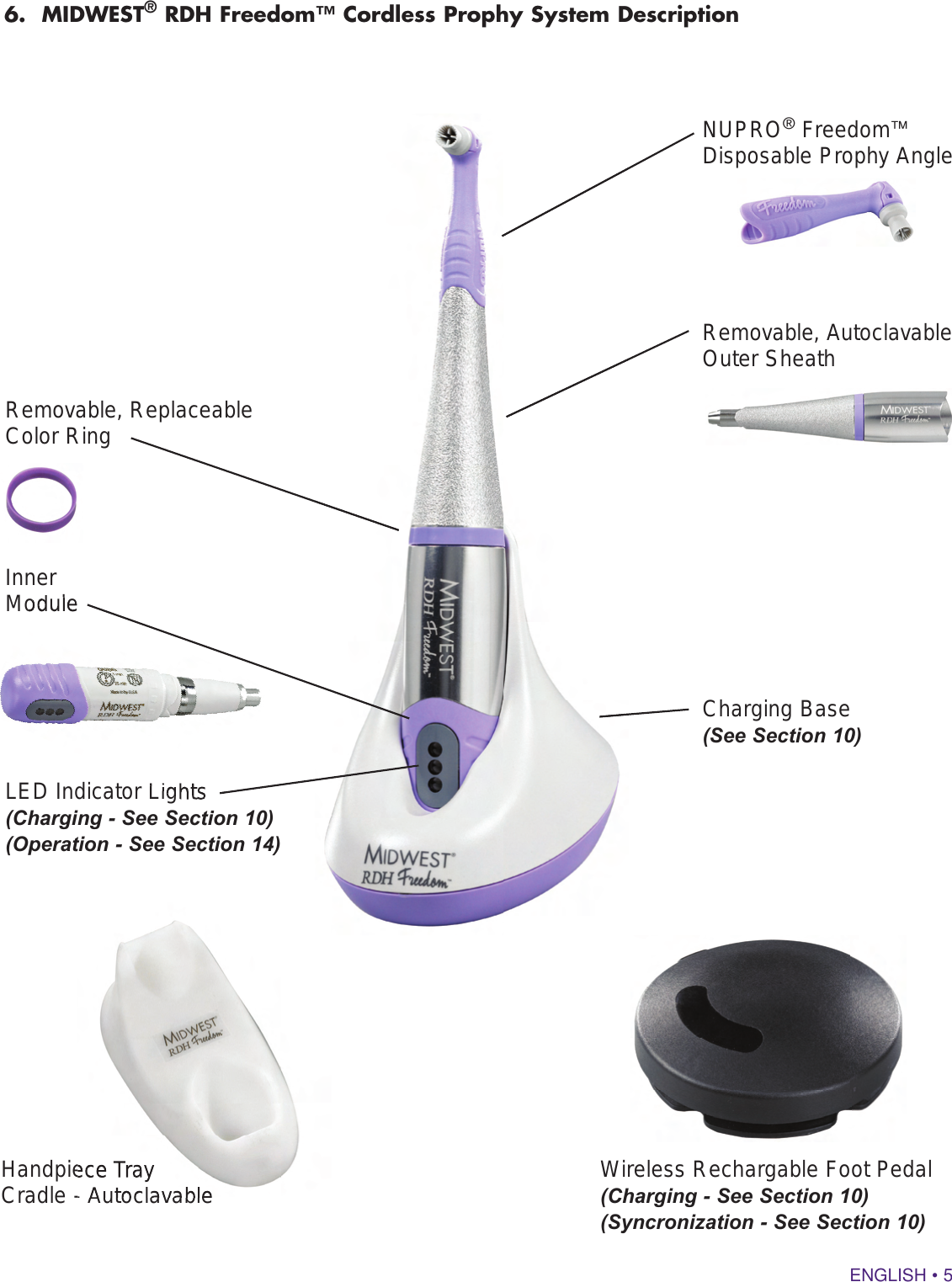 ENGLISH • 56.  MIDWEST® RDH Freedom™ Cordless Prophy System Description NUPRO® Freedom™ Disposable Prophy Angle Removable, Autoclavable      Outer Sheath Charging Base (See Section 10)   Removable, Replaceable Color Ring  Inner Module  LED Indicator Lights  (Charging - See Section 10) (Operation - See Section 14)  Wireless Rechargable Foot Pedal(Charging - See Section 10) (Syncronization - See Section 10)  Handpiece Tray Cradle - Autoclavable  Handpiece Tray Cradle - AutoclavableModule  LED Indicator Lights  (Charging - See Section 10) 